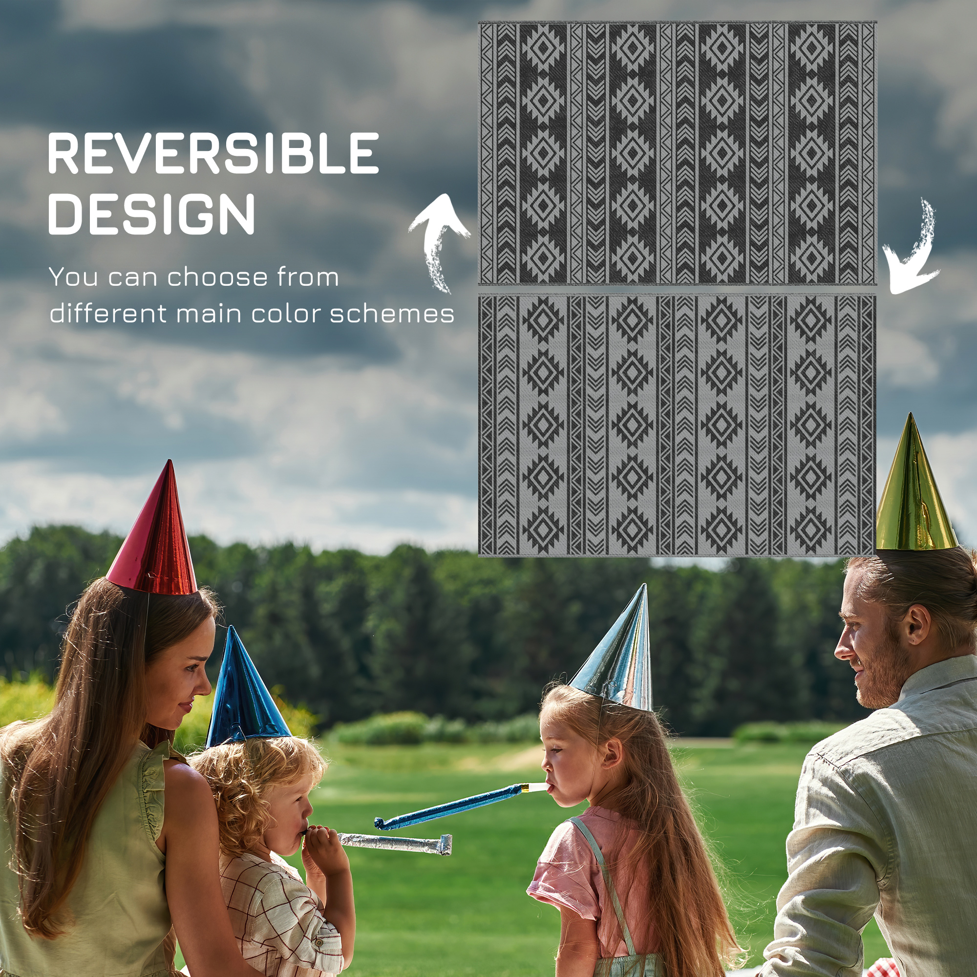 Reversible Outdoor RV Rug, Patio Floor Mat, 6' x 9' Plastic Straw Rug for Backyard, Deck, Beach, Camping, Black & Grey - Image 5