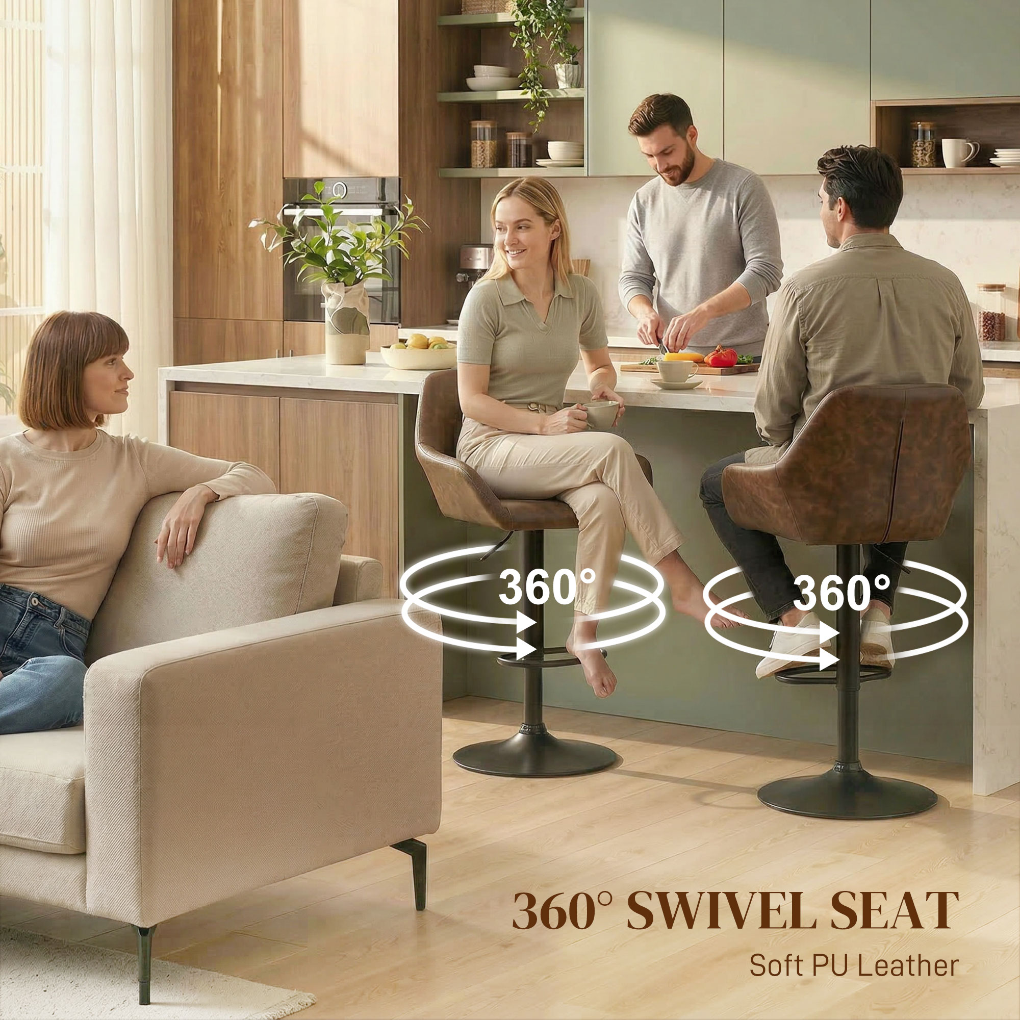 Adjustable Bar Stools Set of 2, Swivel Barstools with Footrest and Back, PU Leather and Steel Round Base, Coffee - Image 4