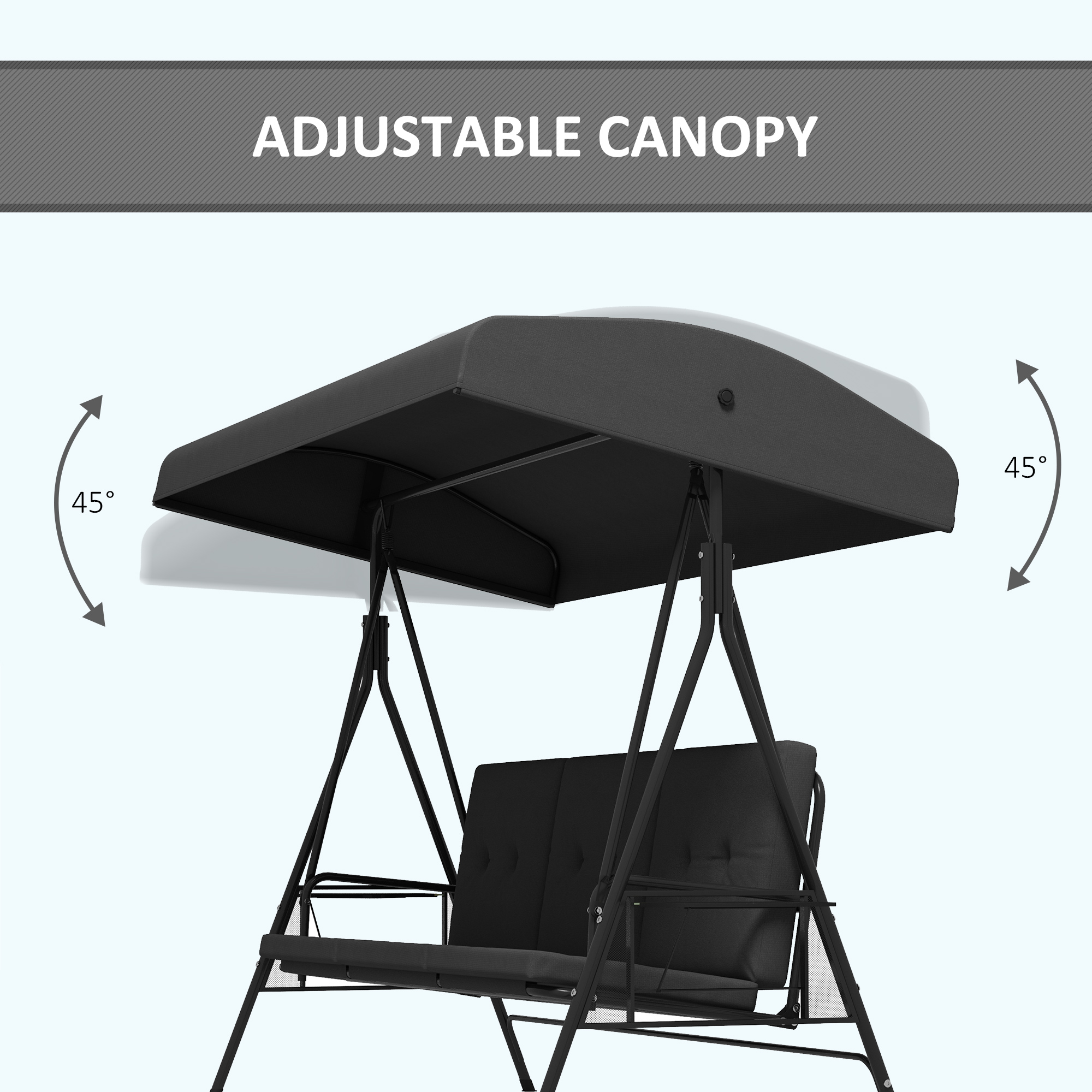 3-Seat Outdoor Porch Swing Patio Swing with Adjustable Canopy, Side Tray, Removable Cushion for Garden, Poolside, Grey - Image 3