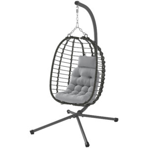 Hanging Egg Chair with Stand, Foldable Wicker Rattan Swing Chair with Thick Cushion, Headrest, Light Grey