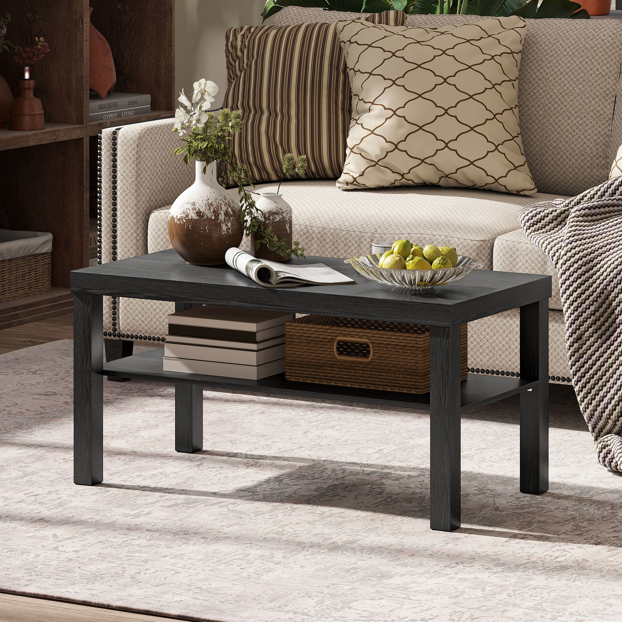 2 Tier Coffee Table, Rectangular Center Table with Storage Shelf for Living Room, Home Office, Black - Image 5