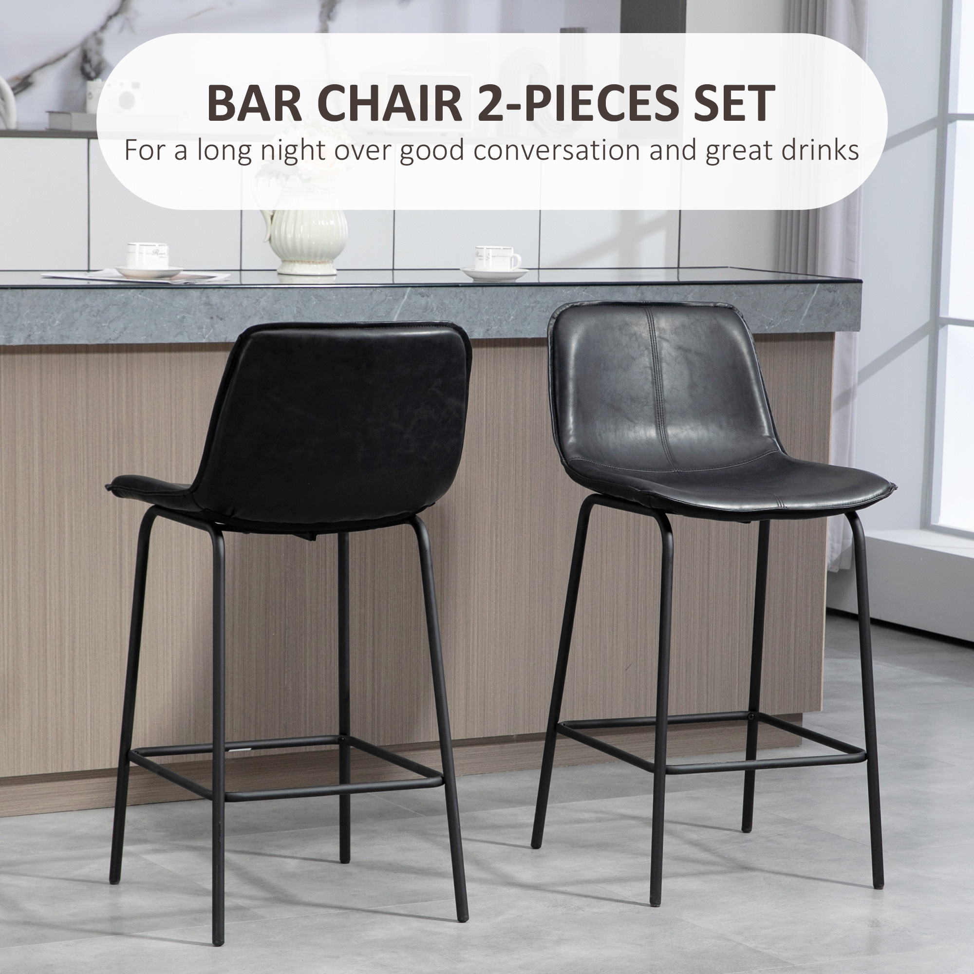 Bar Stools Set of 2, Upholstered Counter Height Bar Chairs, Kitchen Stools with Steel Legs - Image 2