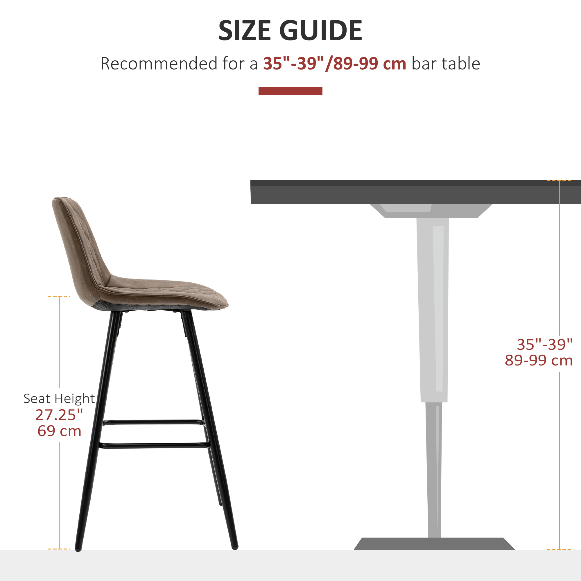PU Leather Counter Height Bar Chairs Set of 2, 27.75" Bar Stools with Metal Legs for Dining Area, Kitchen Island, Brown - Image 5