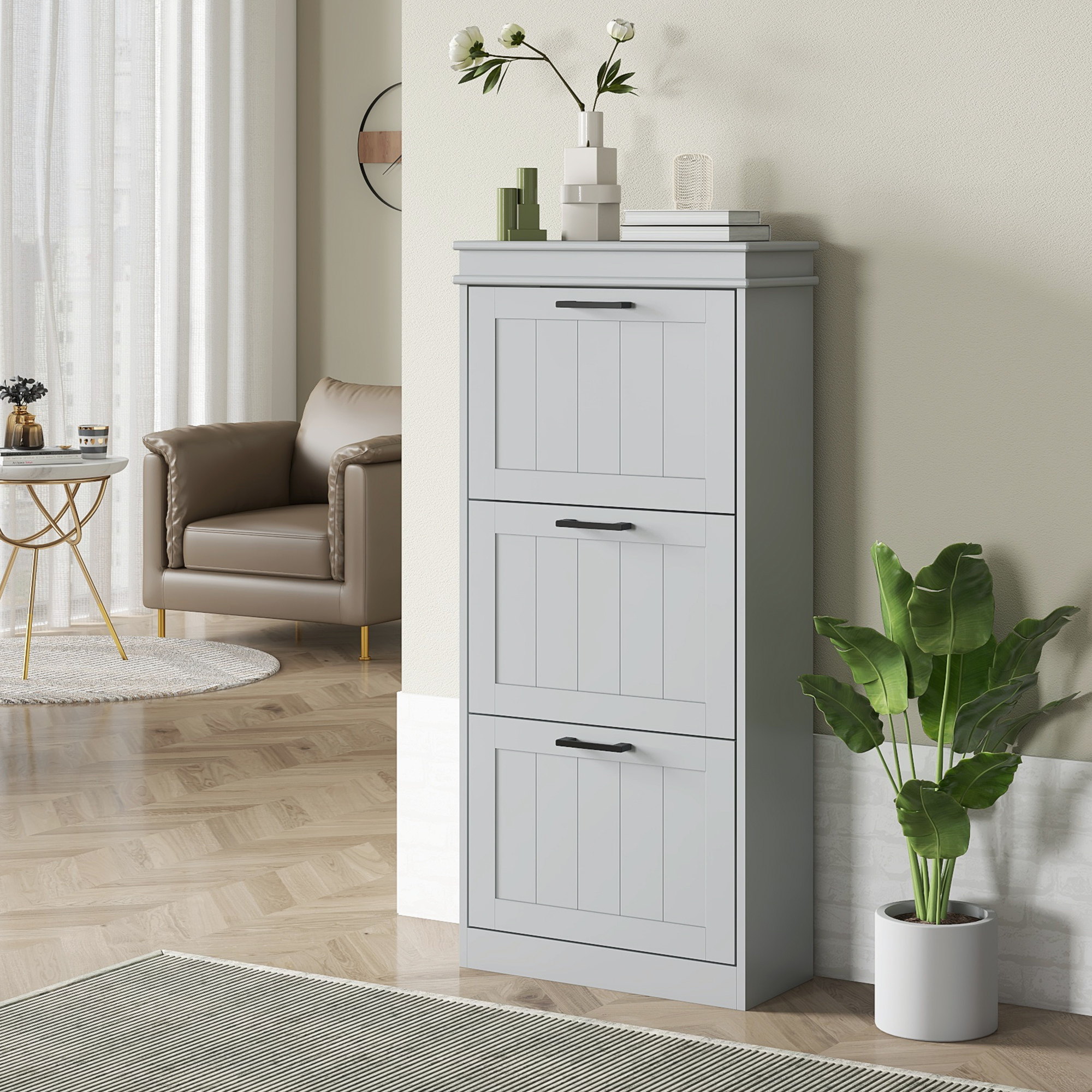 Slim Shoe Cabinet with 3 Flip Drawers and Adjustable Shelves, Narrow Shoe Cabinet for 15 Pairs of Shoes, Grey - Image 6