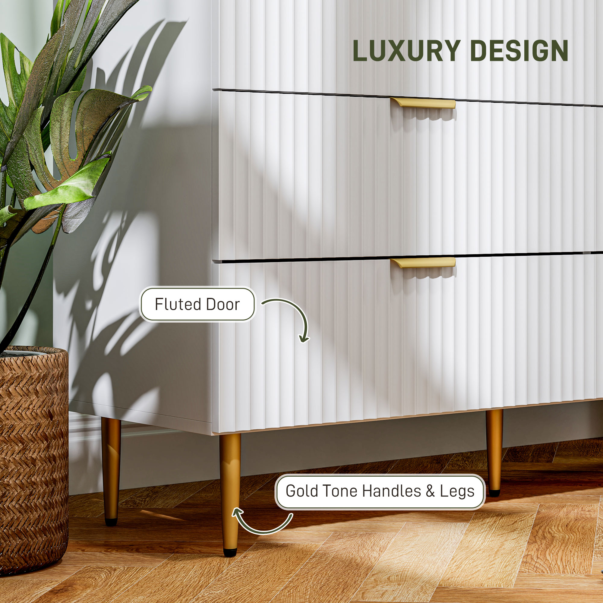 Modern Chest of Drawers 6 Drawer Dresser for Bedroom with Gold Legs and Handles, White - Image 3