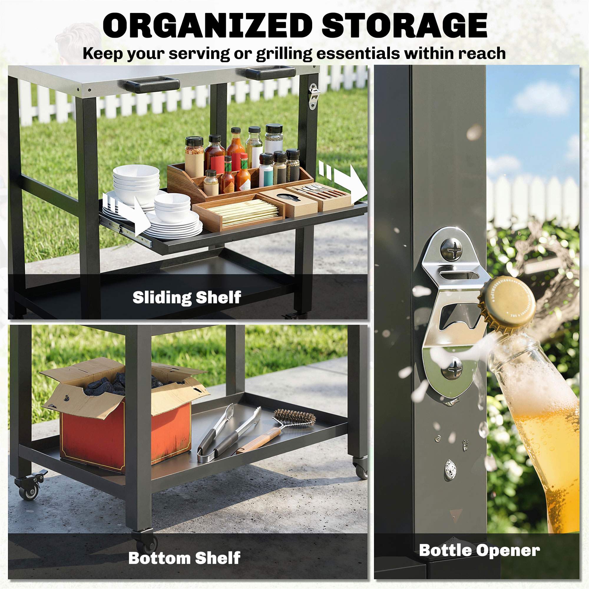 Outdoor Grill Cart with Stainless Steel Tabletop, 2 Shelves, Rolling Prep Dining Cart with Lockable Wheels - Image 3