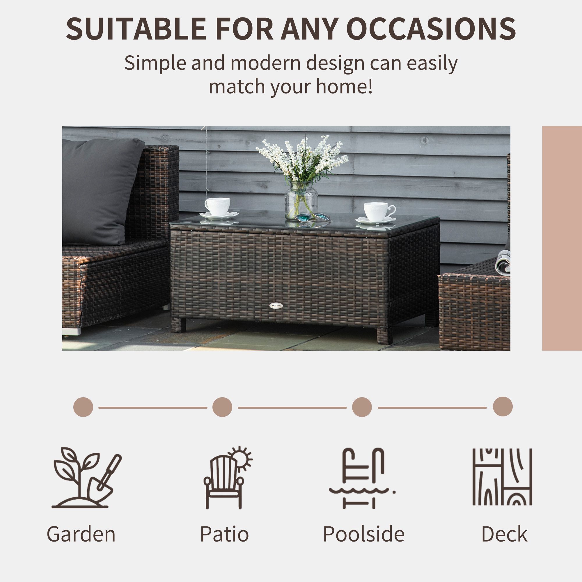 Rattan Wicker Coffee Table with Glass Top Outdoor Garden Patio Furniture Brown Tempered - Image 5