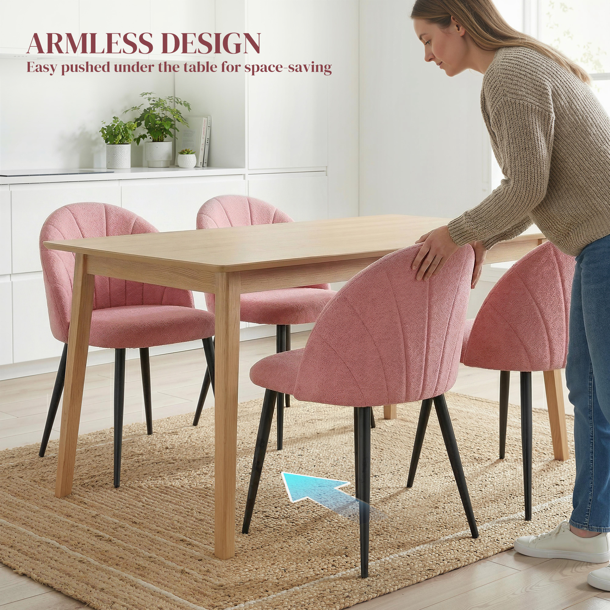 Modern Dining Chairs Set of 4, Upholstered Dining Room Chairs with Metal Legs, Shell Backrest, Padded Seat, Pink - Image 5