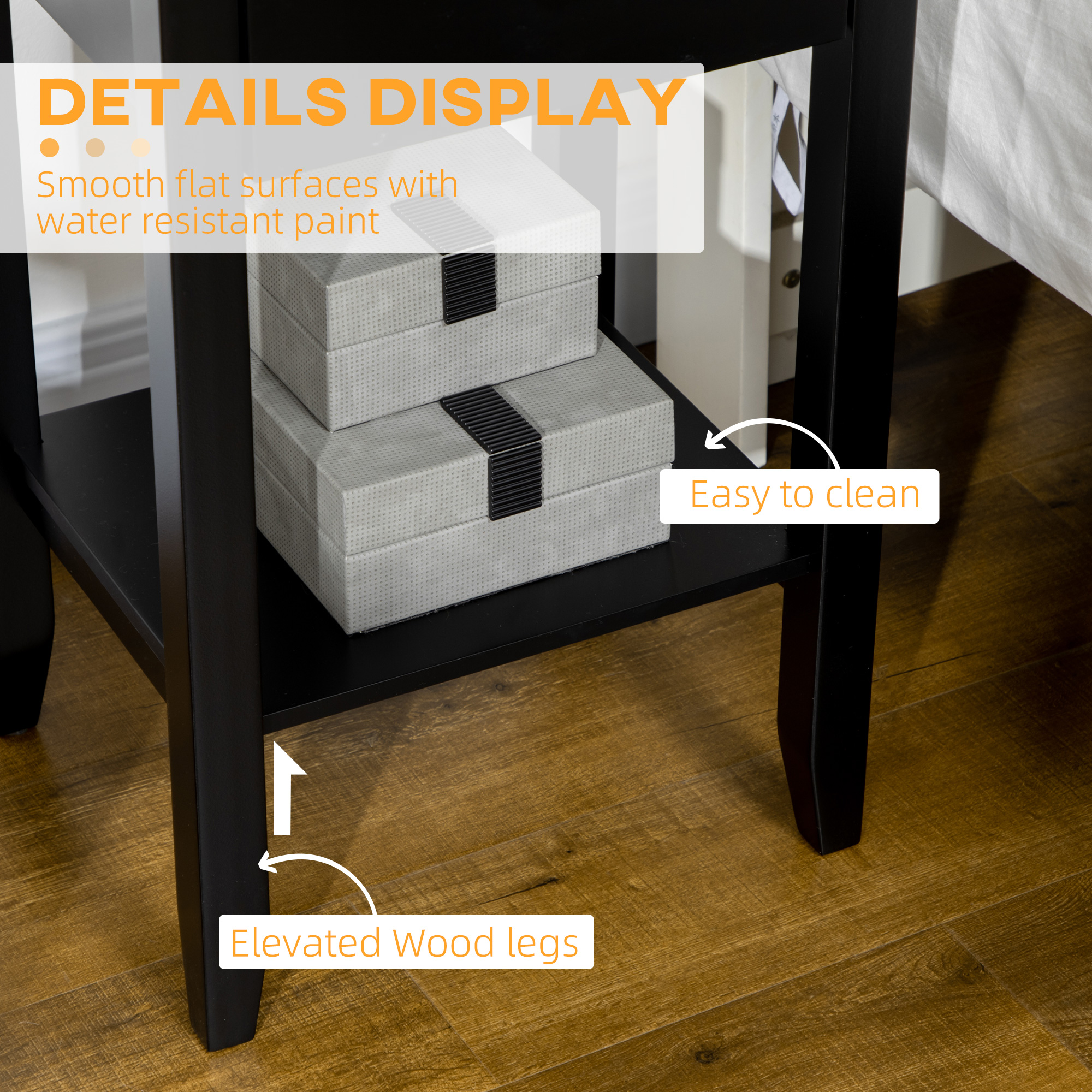 Side Table Set of 2, End Tables with Drawer and Bottom Shelf, 2-tier Nightstand for Bedroom, Living Room, Black - Image 4