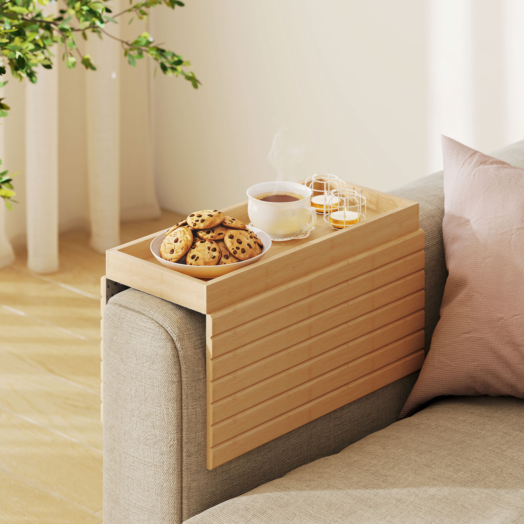 Bamboo Couch Arm Tray, Sofa Armrest Tray with Flexible Roll-up Design and Wide Compartment, Natural - Image 6