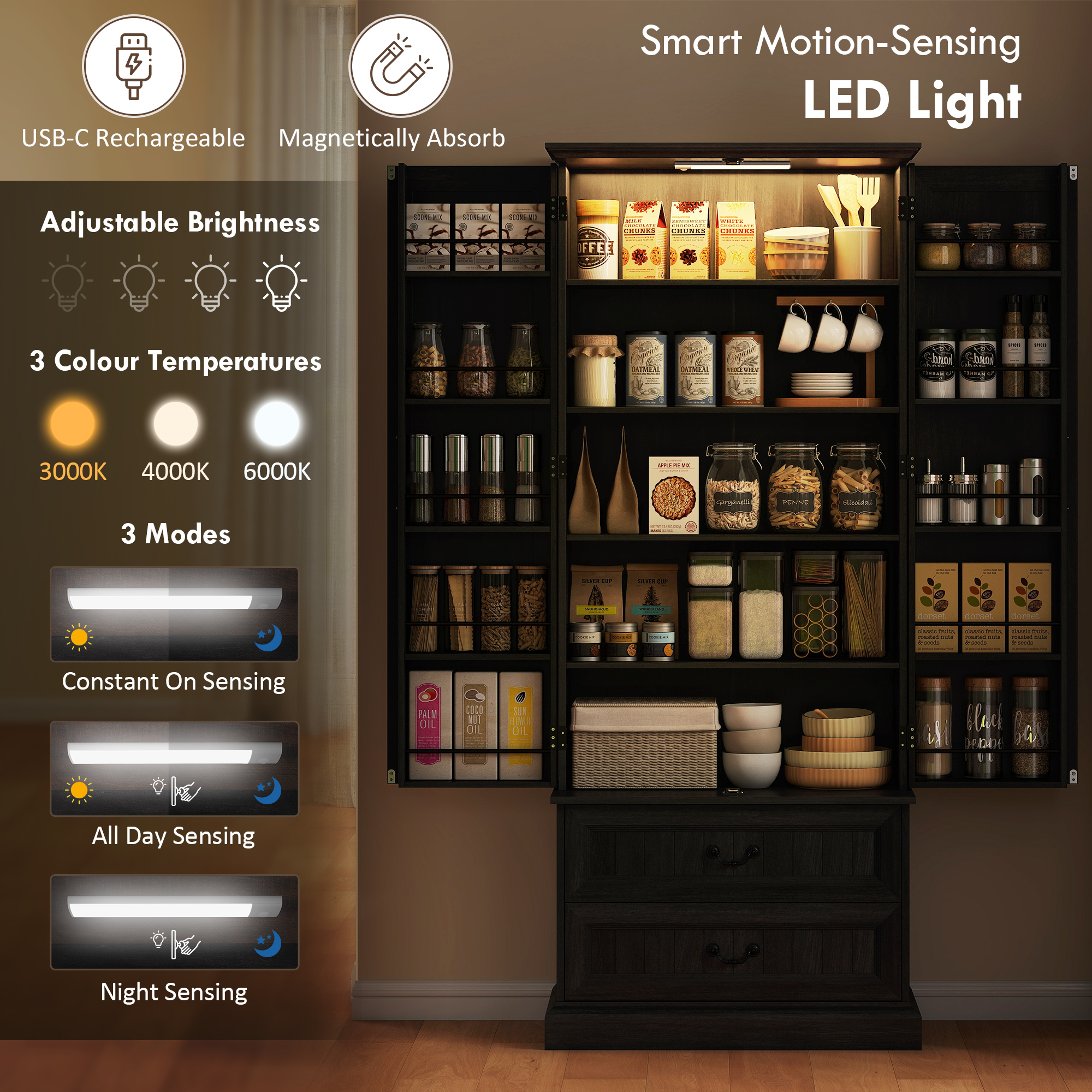 72" LED Kitchen Pantry Cabinet, Buffet Storage Cabinet with 10 Door Shelves, 2 Drawers and Adjustable Shelves, Black - Image 2