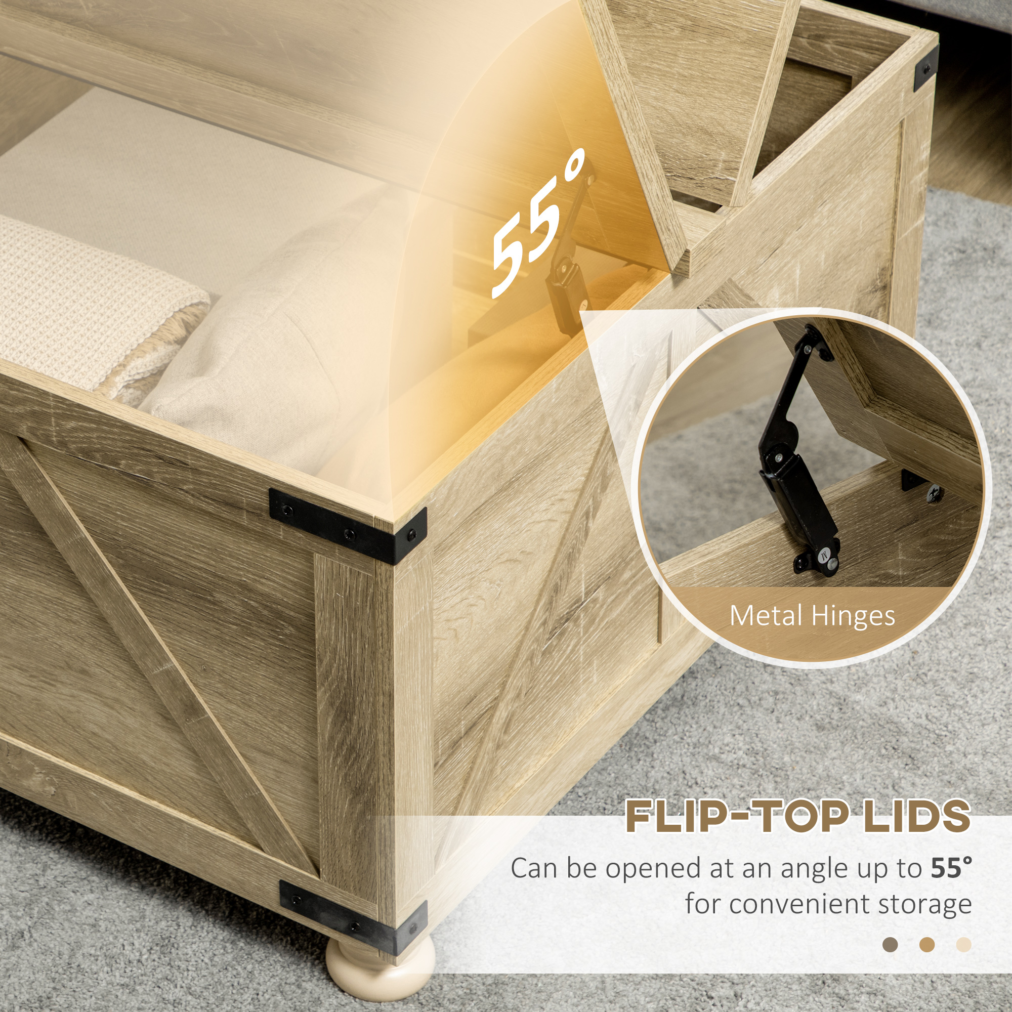 Farmhouse Coffee Table, Square Center Table with Flip-top Lids, Hidden Storage Compartment and Wooden Legs, Oak - Image 3