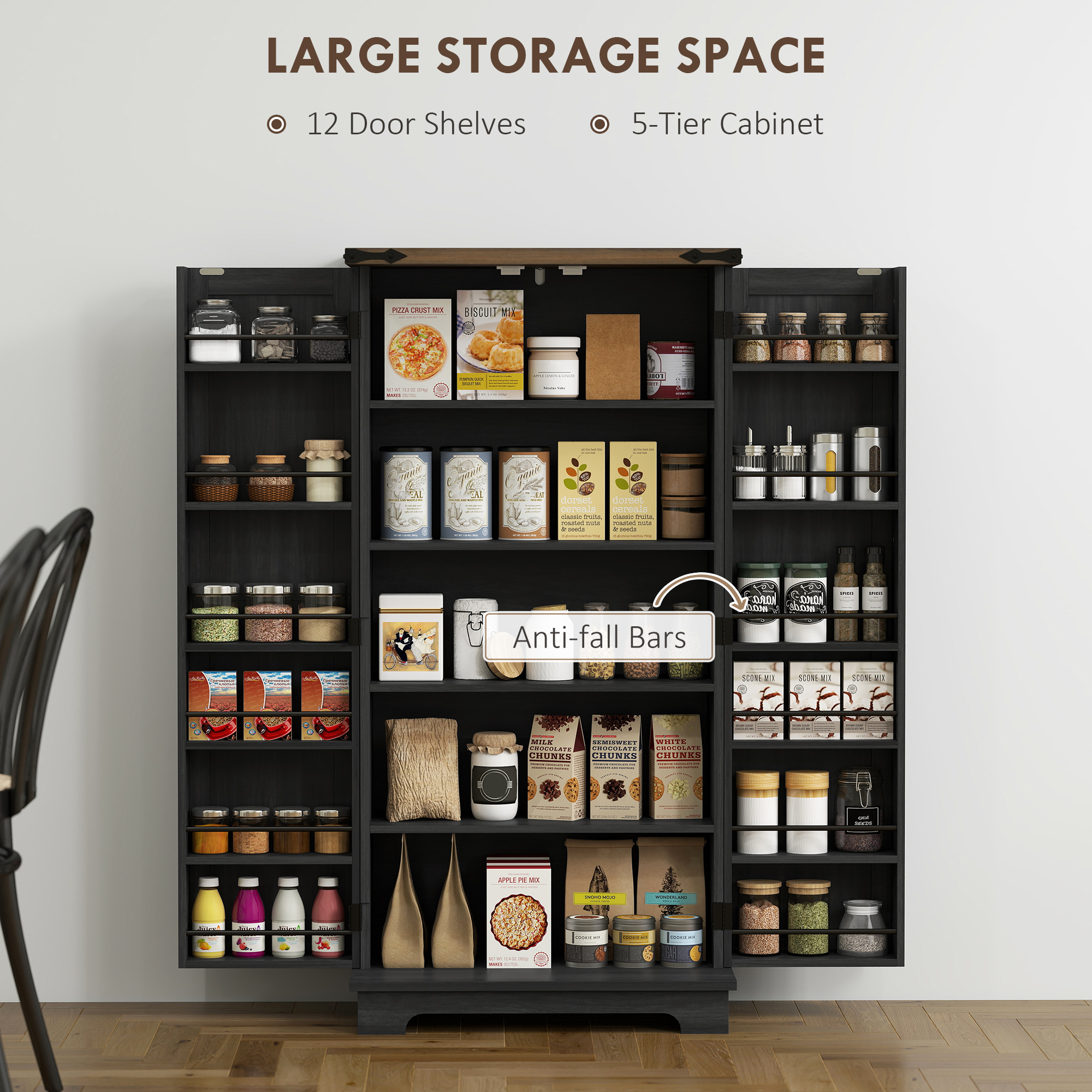 47" Kitchen Pantry Storage Cabinet, Farmhouse Kitchen Pantry Cabinet with Adjustable Shelves and Door Shelves, Black - Image 3