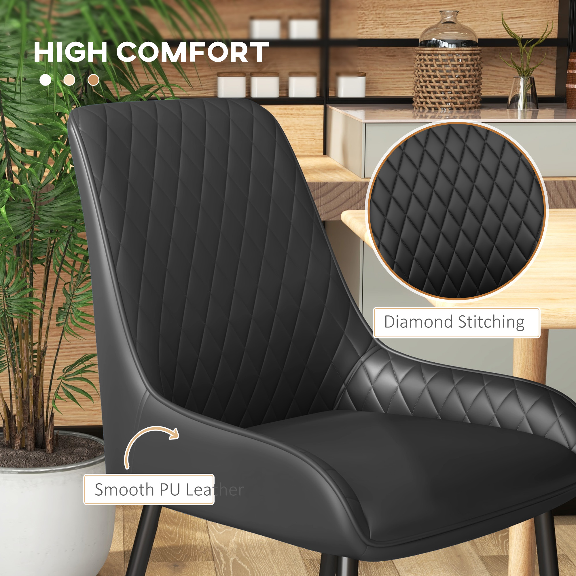 Modern Dining Chairs PU Leather Metal Legs Set of 4 Kitchen Chairs Living Room Quality Design Mid-Class Black - Image 3