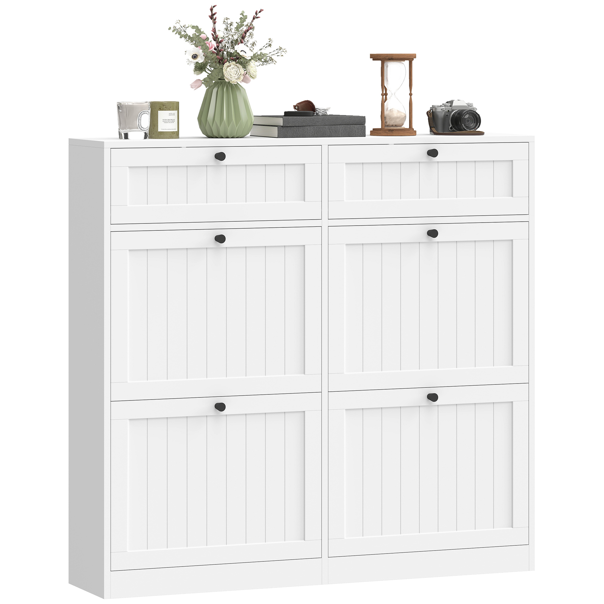 Shoe Cabinet with 2 Large Flip Drawers, Farmhouse Narrow Shoe Storage Cabinet with 2 Top Compartments, White