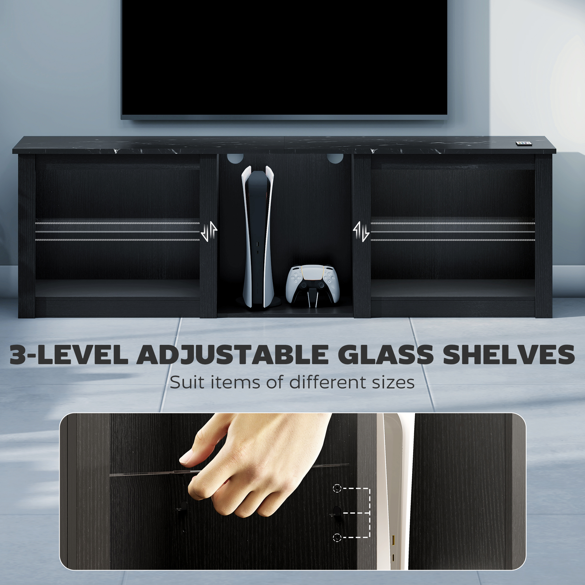 TV Stand with LED Lights, Modern Entertainment Center with Adjustable Glass Shelves, for TVs up to 70 Inch, Black - Image 4