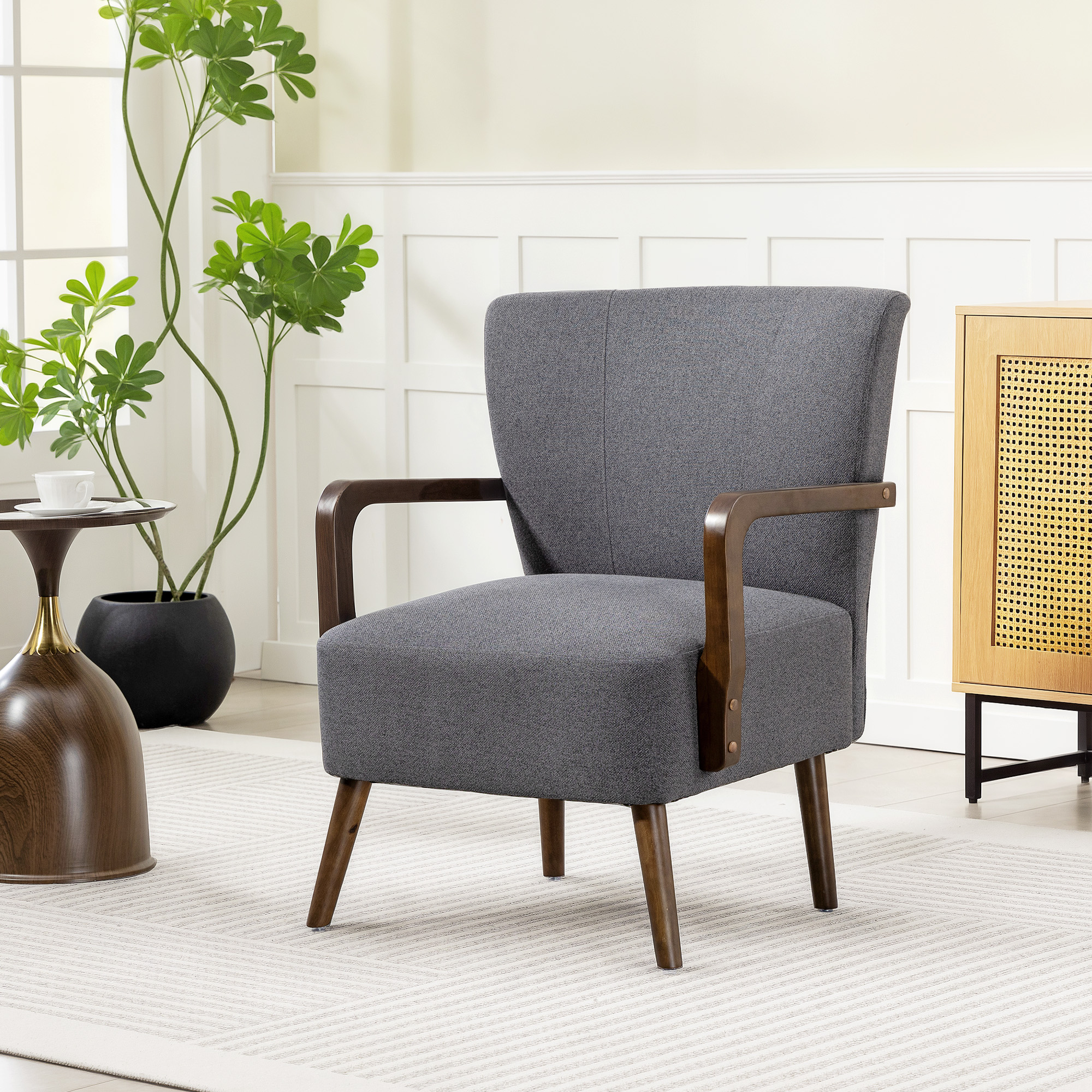 Accent Chair with Wooden Legs, Linen Fabric Armchair with Thick Padding, Comfy Chair for Living Room, Dark Grey - Image 6