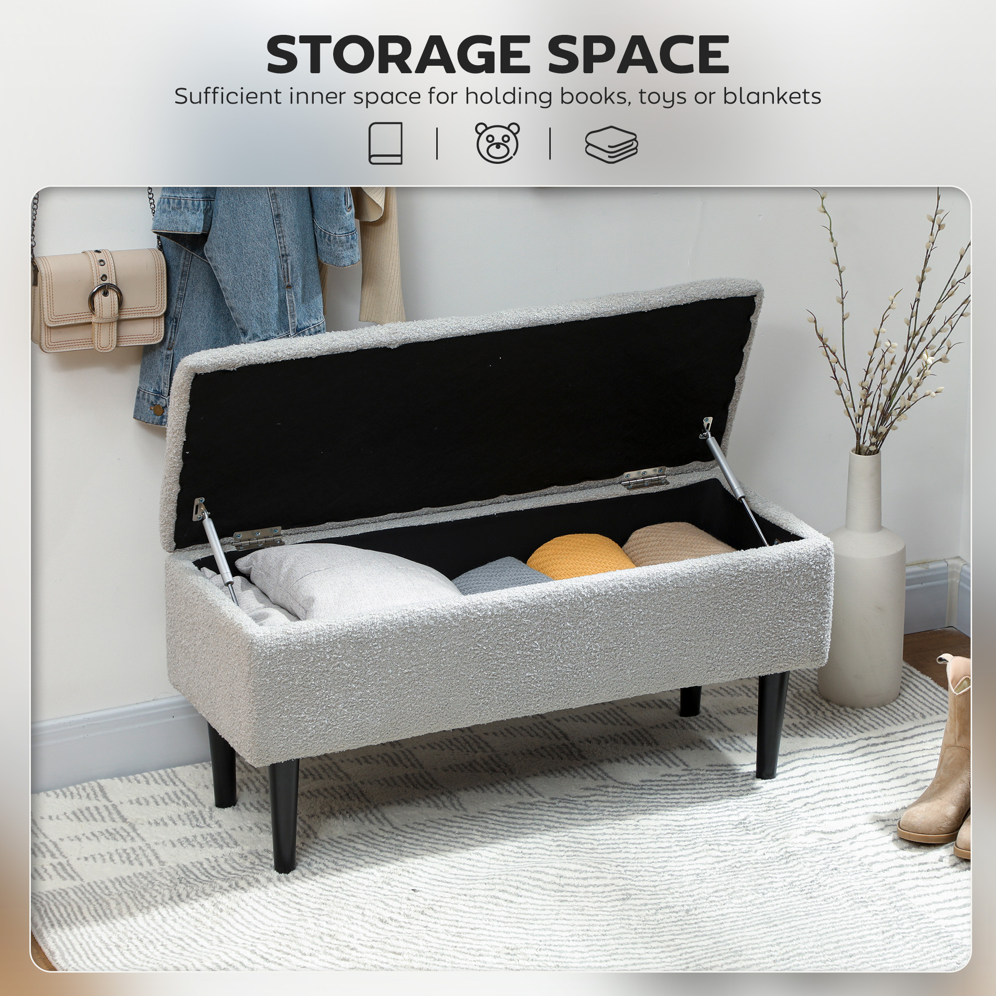 Modern Storage Bench, Ottoman with Storage and Lamb's Wool Upholstery for Living Room, Bedroom, Grey - Image 2