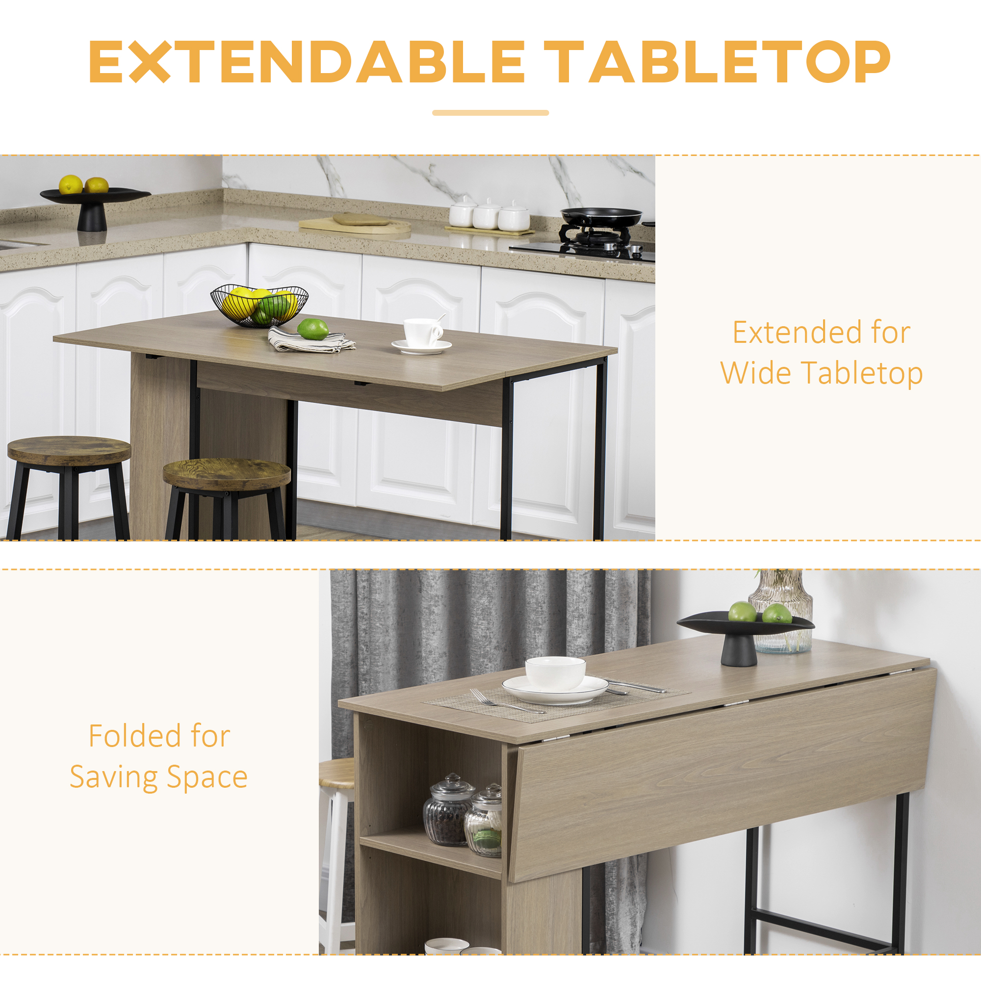 Counter Height Table with Drop Leaf, Extendable Bar Table with Adjustable Storage Shelf, Light Grey - Image 2
