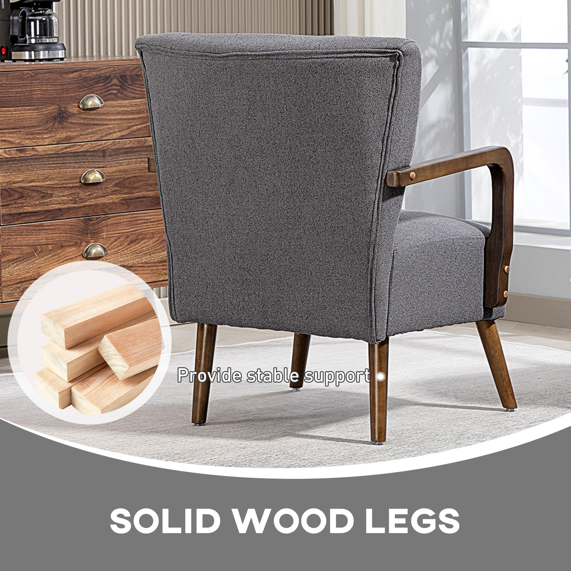 Accent Chair with Wooden Legs, Linen Fabric Armchair with Thick Padding, Comfy Chair for Living Room, Dark Grey - Image 3