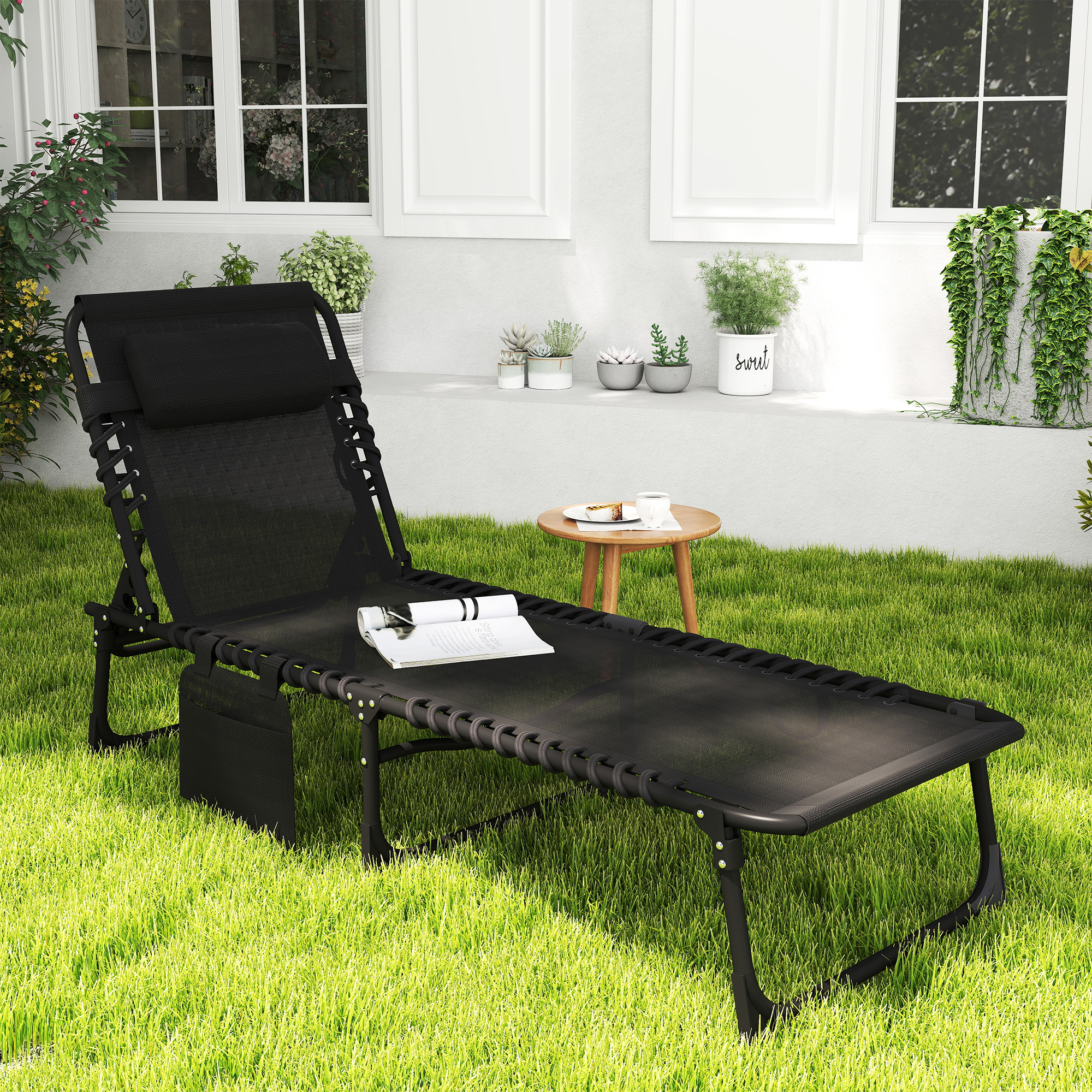 Outdoor Folding Chaise Lounge, Reclining Lounge Chair with Adjustable Backrest and Removable Pillow, Black - Image 6