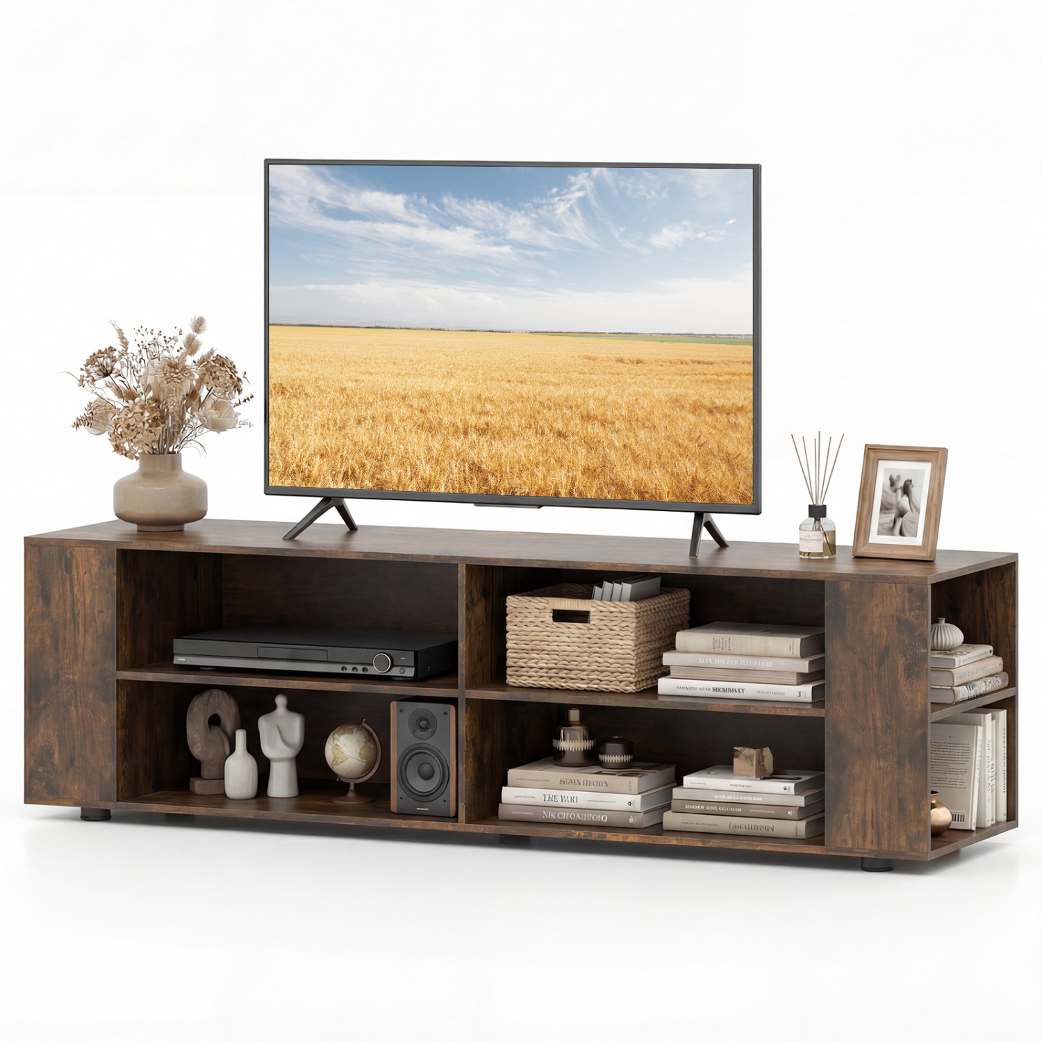 59 Inch Console Storage Entertainment Media Wood TV Stand-Walnut - Image 2