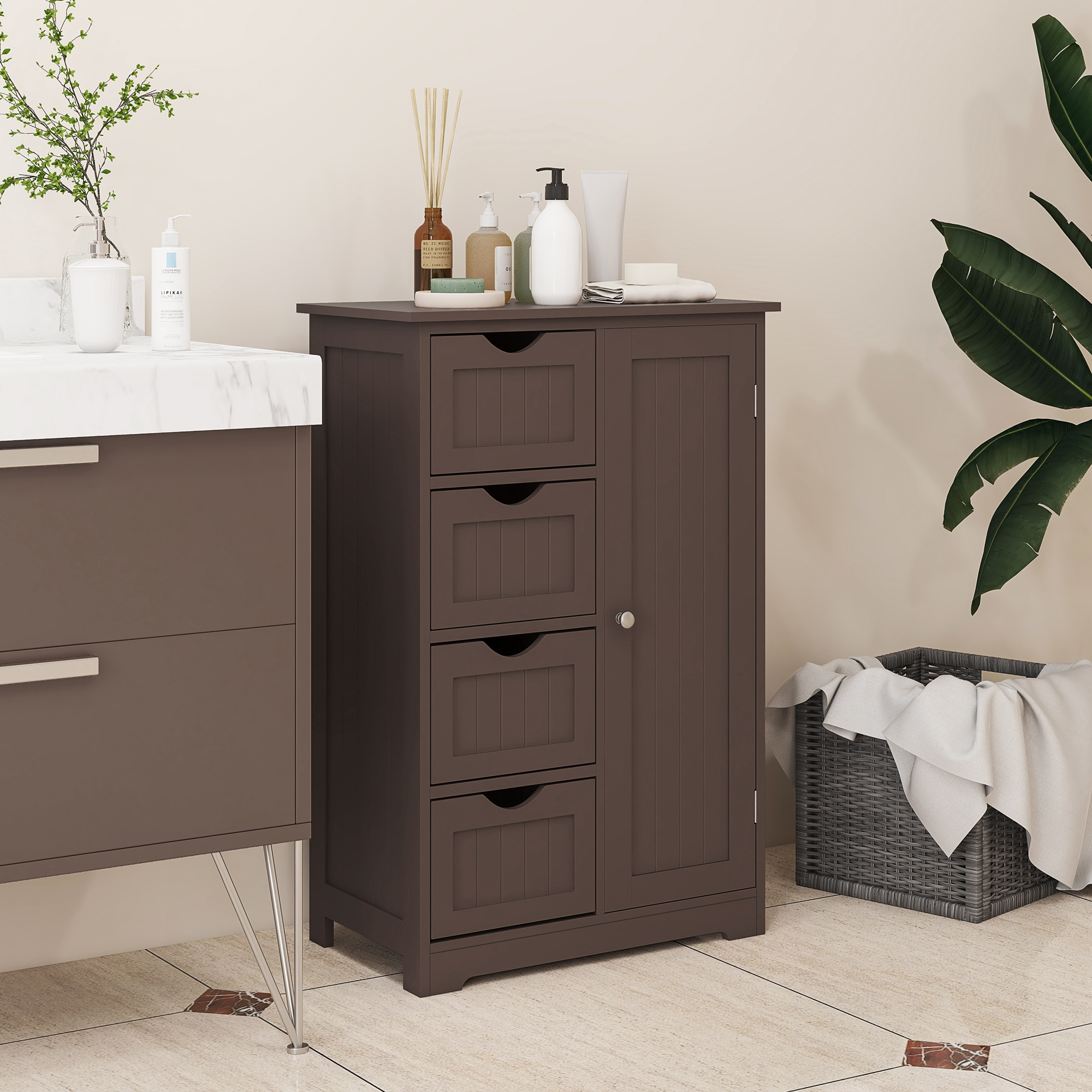 Bathroom Storage Cabinet, Floor Cabinet with Adjustable Shelf and 4 Drawers, Side Cabinet for Washroom, Brown - Image 6