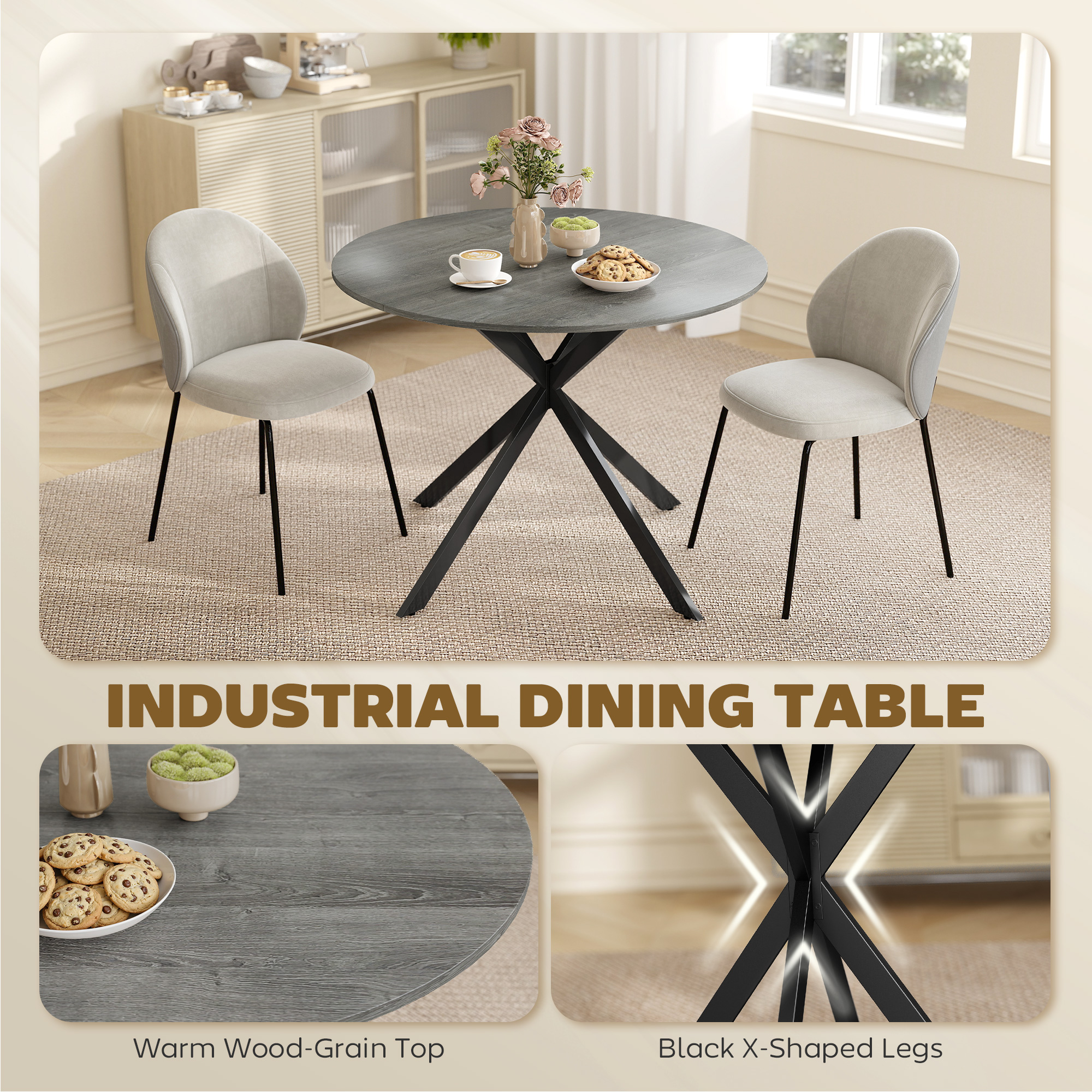40" Round Kitchen Table for 4, Industrial Dining Table with Steel Legs for Dining Room, Distressed Grey - Image 2