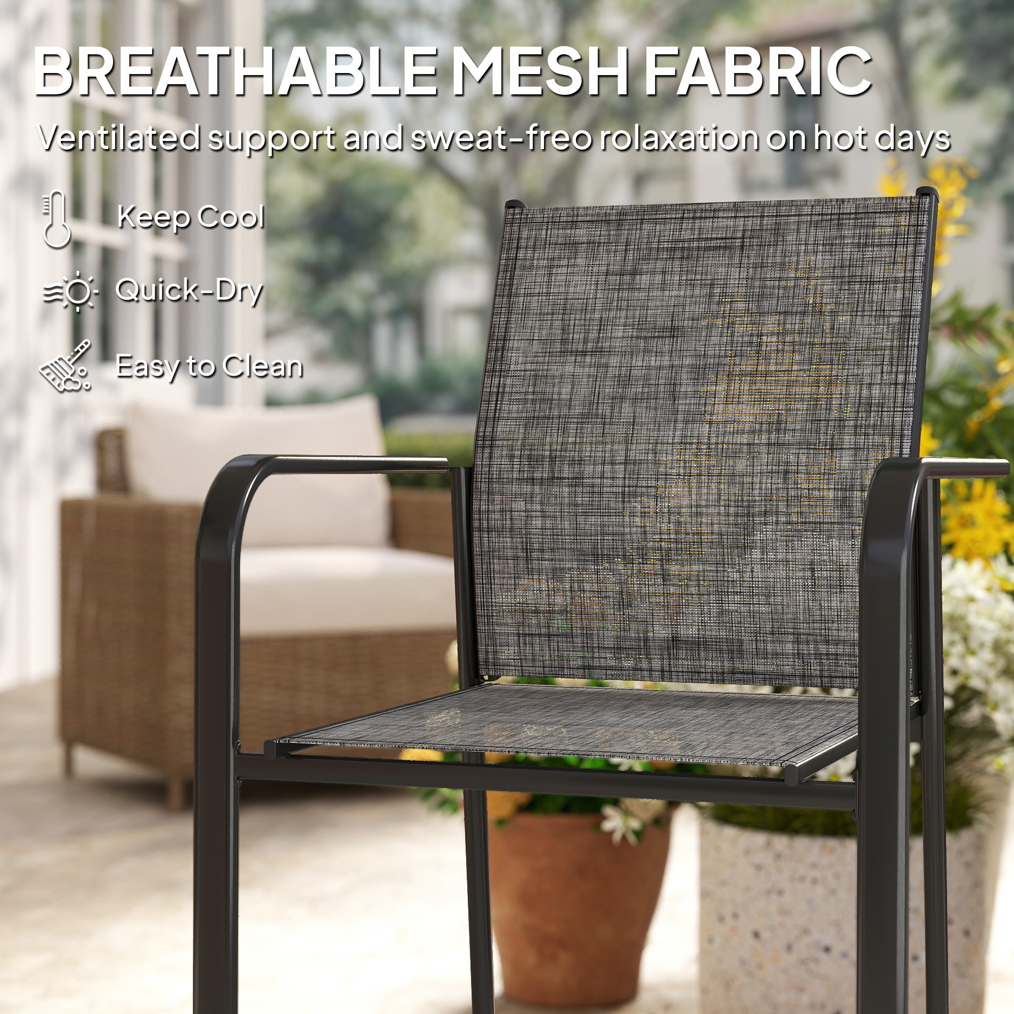 Stackable Patio Chairs Set of 4, Outdoor Dining Chairs with 20" Deep Seat, All Weather Breathable Mesh, Armrests, Grey - Image 4