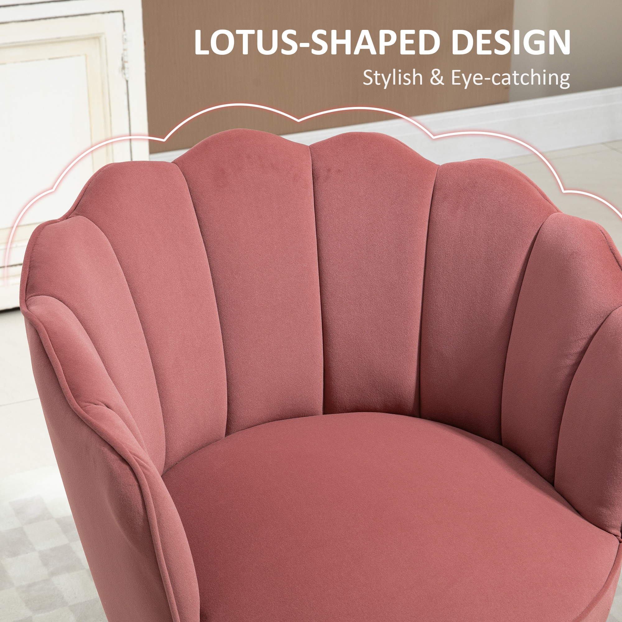 Modern Vanity Chair, Velvet-feel Fabric Leisure Accent Chair with Wood Legs for Living Room, Pink - Image 2