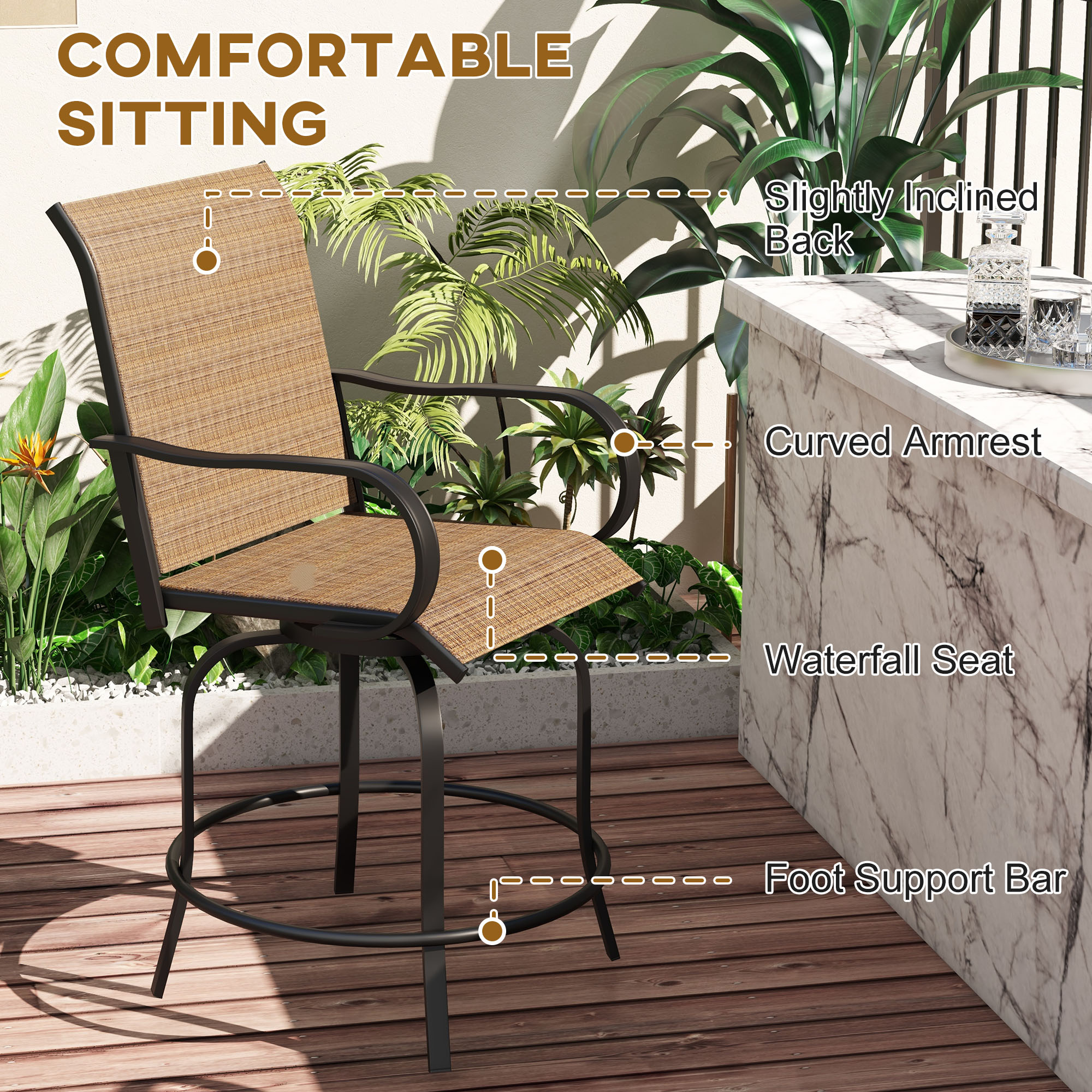Outdoor Bar Stools Set of 2, 360° Swivel Bar Height Chairs, 26.8" x 29.5" x 48.4", Brown - Image 3
