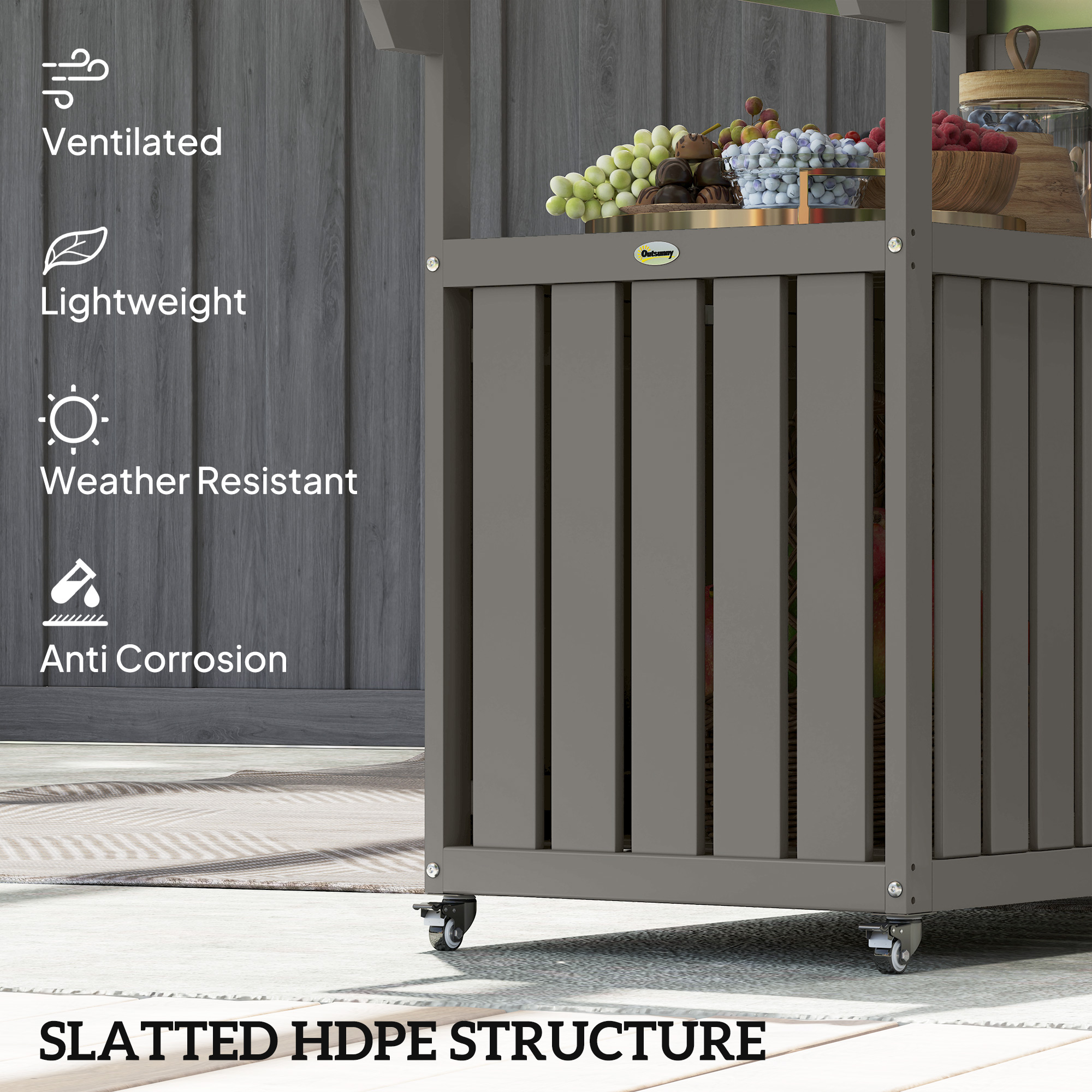 Outdoor Bar Cart with Storage Cabinet, Stainless Steel Outdoor Bar Table Top, Wheeled HDPE Kitchen Island for Food Prep - Image 3