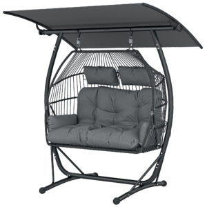 Hanging Double Egg Chair Outdoor Egg Swing Chair with Canopy, Cushion, Stand, Dark Grey