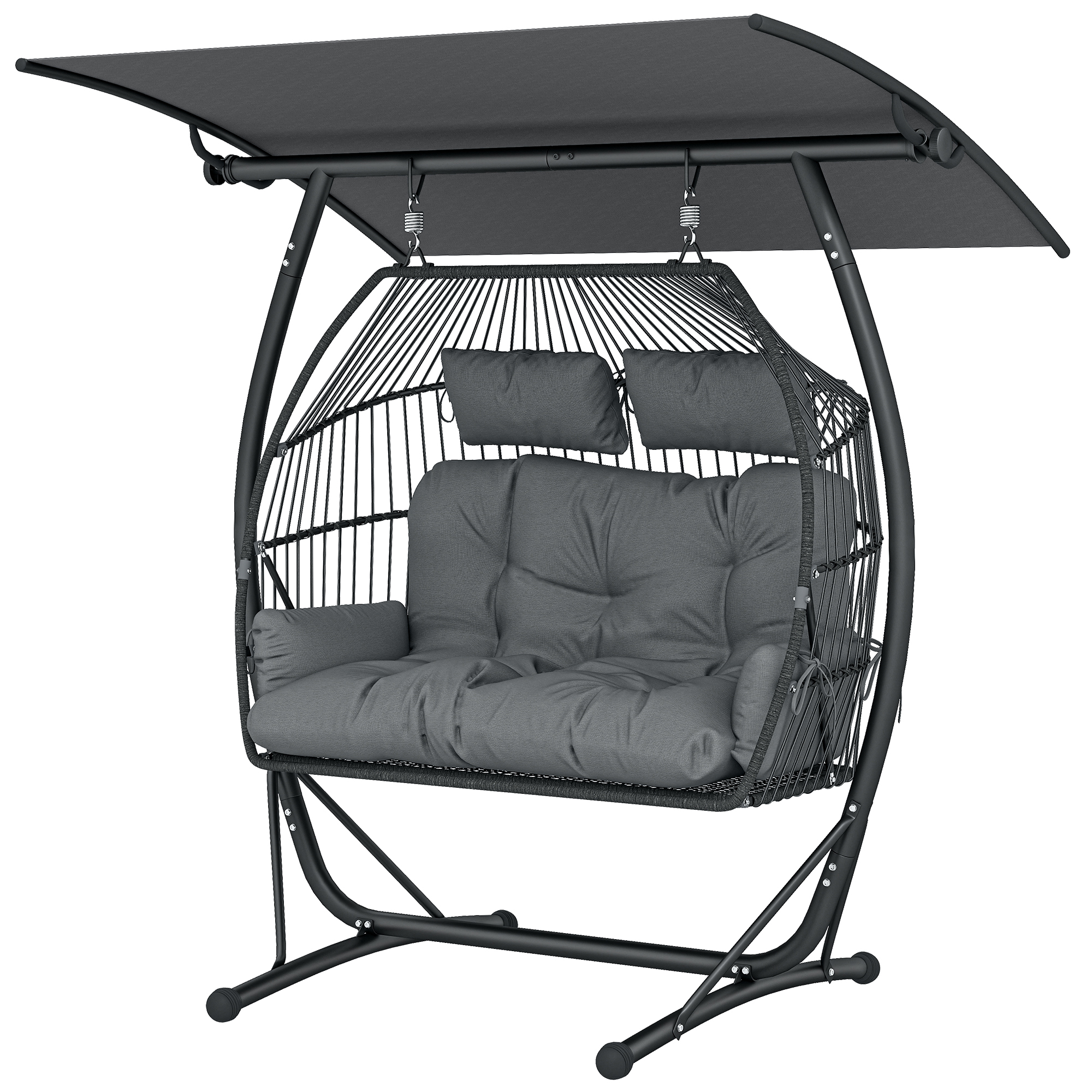 Hanging Double Egg Chair Outdoor Egg Swing Chair with Canopy, Cushion, Stand, Dark Grey