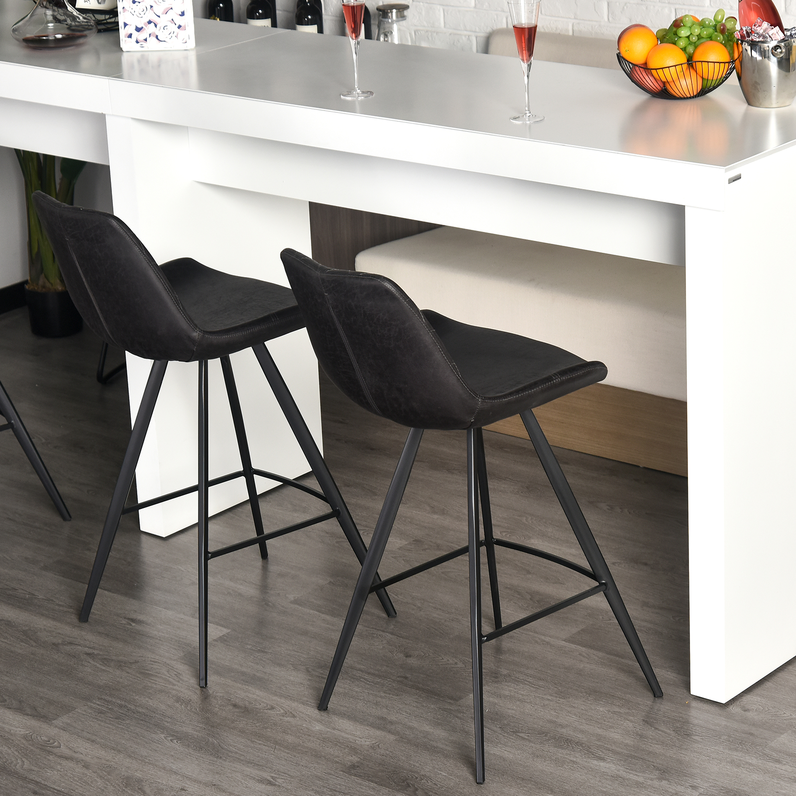Set of 2 Microfiber Cloth Bar Stools, Multi-functional Kitchen Stools, Bar Chair with Metal Leg Padded Cushion Seat for Dining, Black - Image 6