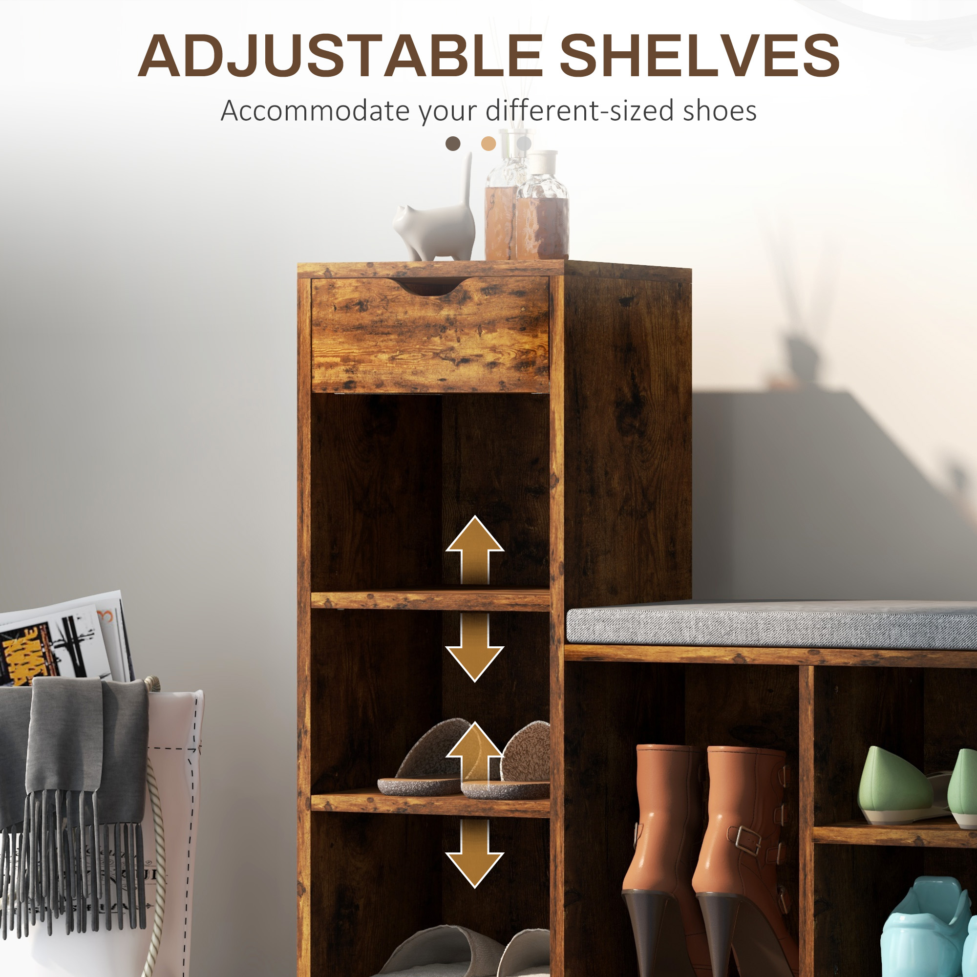 Upholstered Shoe Storage Bench w/ Seat, Entrance Bench w/ Drawer and 6 Open Shelves for Hallway, Rustic Brown - Image 5
