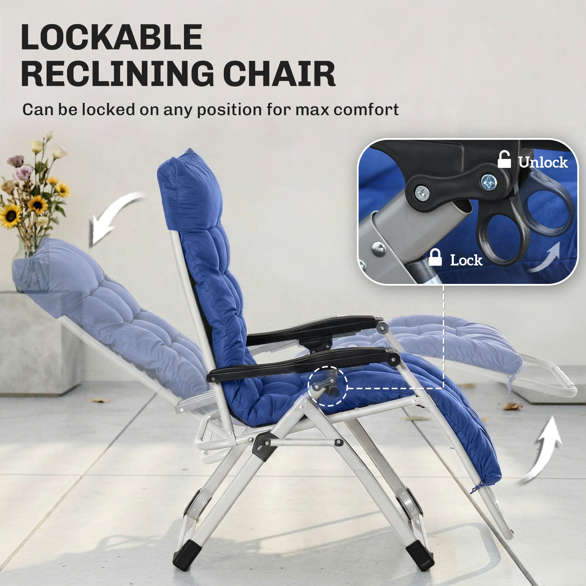 Reclining Zero Gravity Chair with Adjustable Backrest, Folding Garden Sun Lounger, Outdoor Recliner with Removable Cushion and Headrest, Dark Blue - Image 2