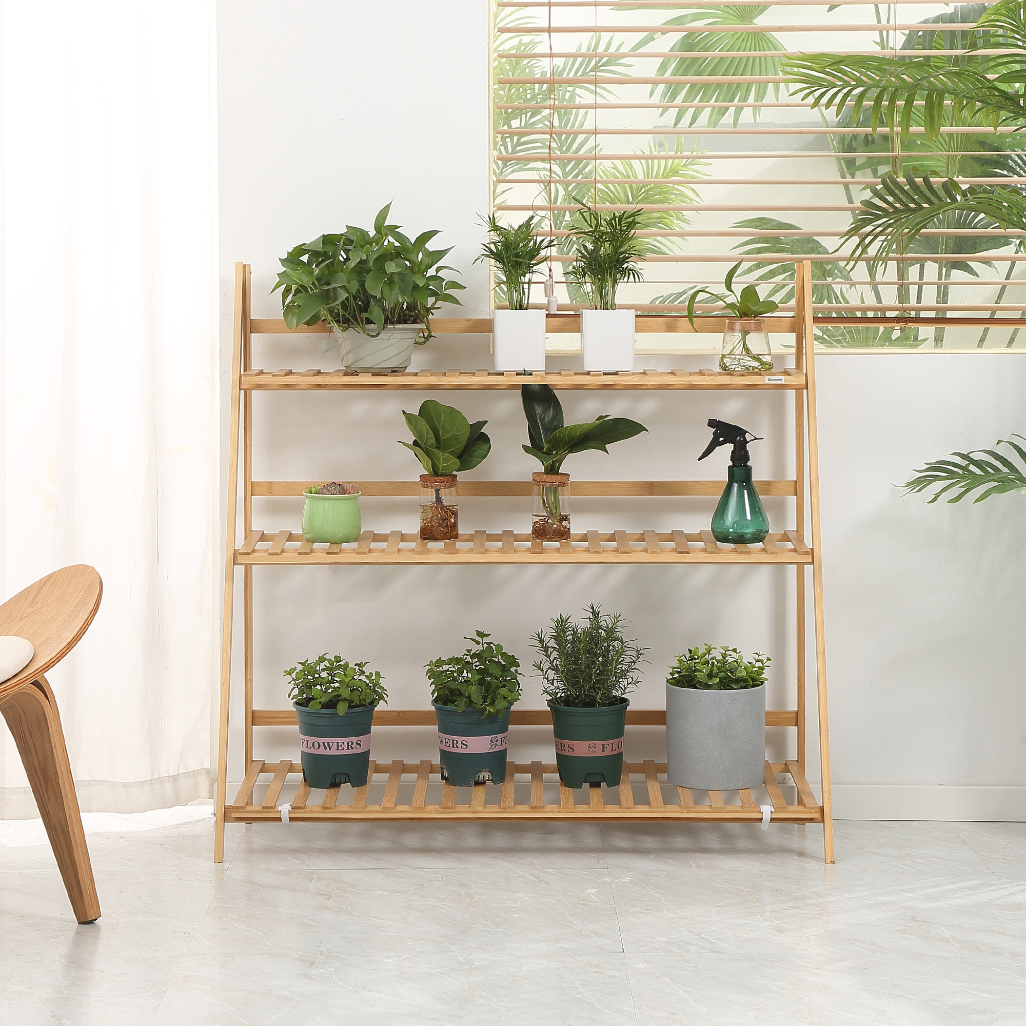 3-Tier Plant Stand, Plant Shelf Rack, Folding Bamboo Display Stand, 98x37x96.5cm, Natural - Image 5