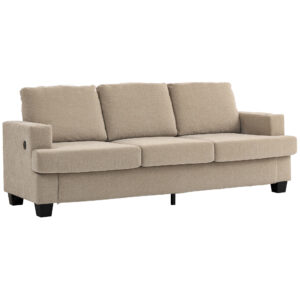 3 Seater Sofa with USB Ports & Cup Holders, Chenille-Feel Upholstered Couch for Living Room, Light Brown