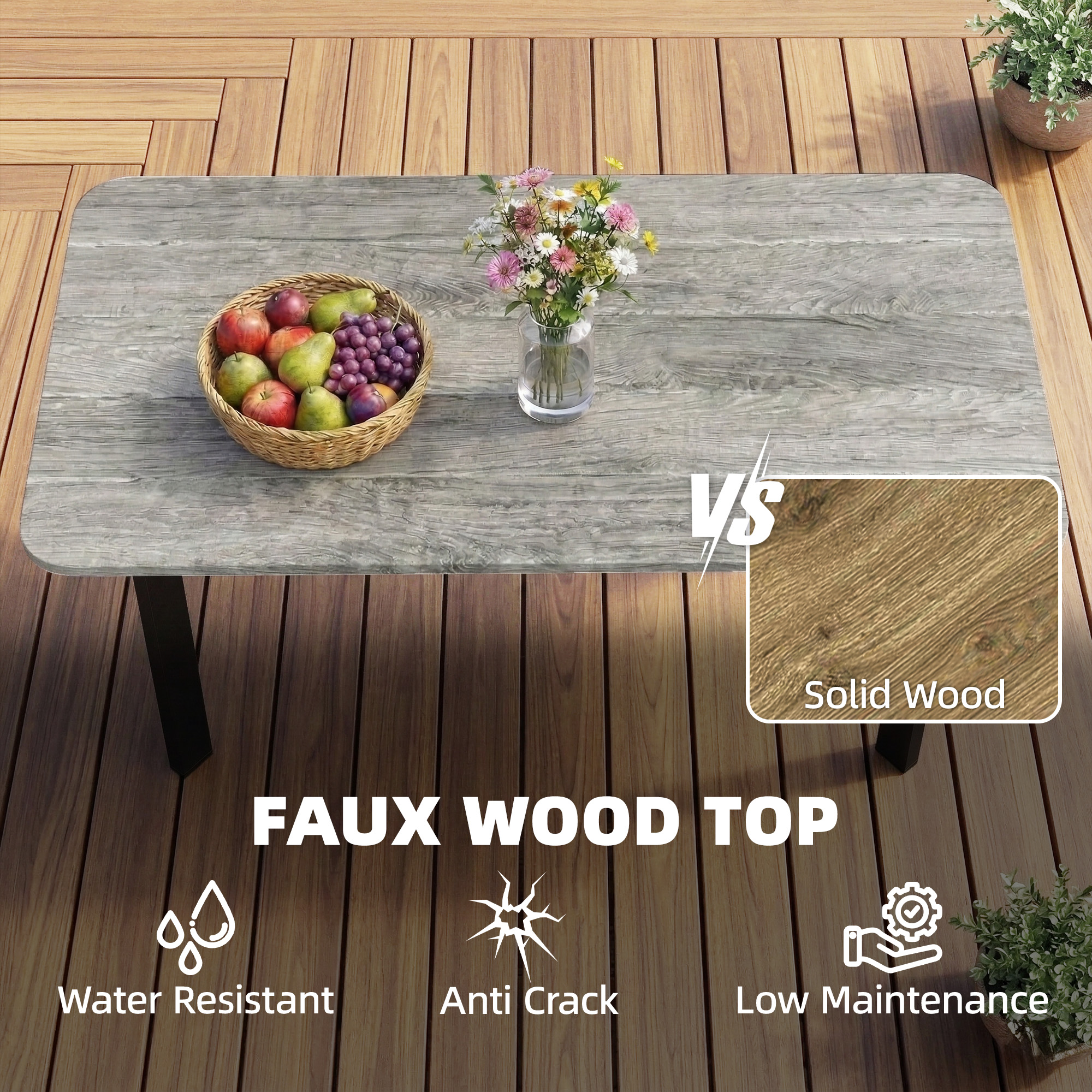 Outdoor Garden Coffee Table, Patio Table with Slatted Wood Plastic Composite Top and Steel Frame, Grey - Image 2