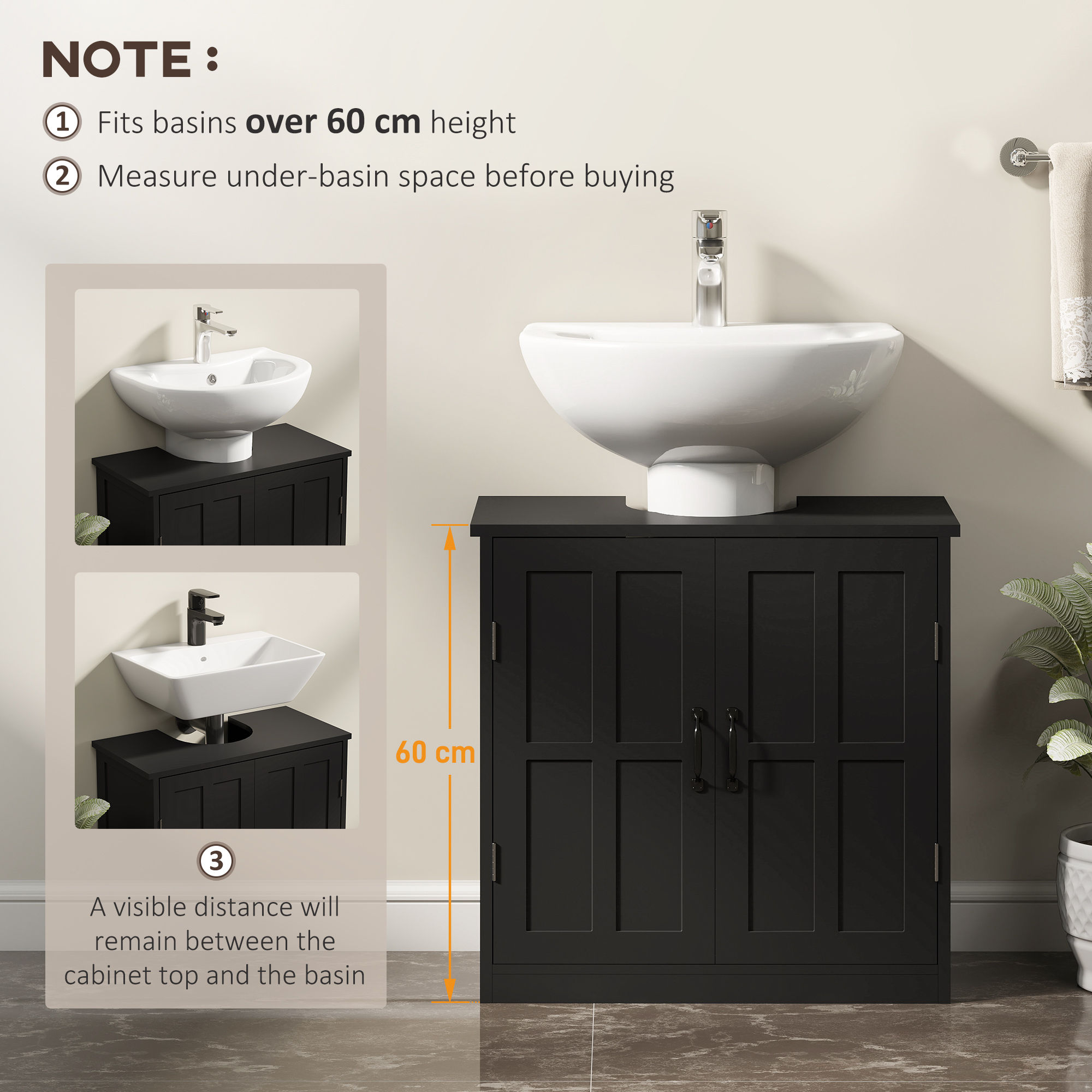 edestal Under Sink Cabinet, Bathroom Vanity Cabinet Storage with Double Doors and Adjustable Shelf, Black - Image 3