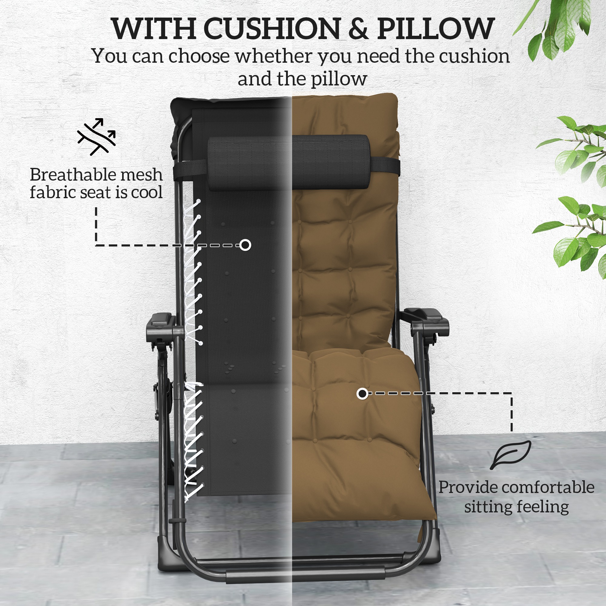 Folding Garden Chairs Set of 2, Reclining Zero Gravity Chair, Sun Lounger with Cushion and Headrest, Khaki - Image 4