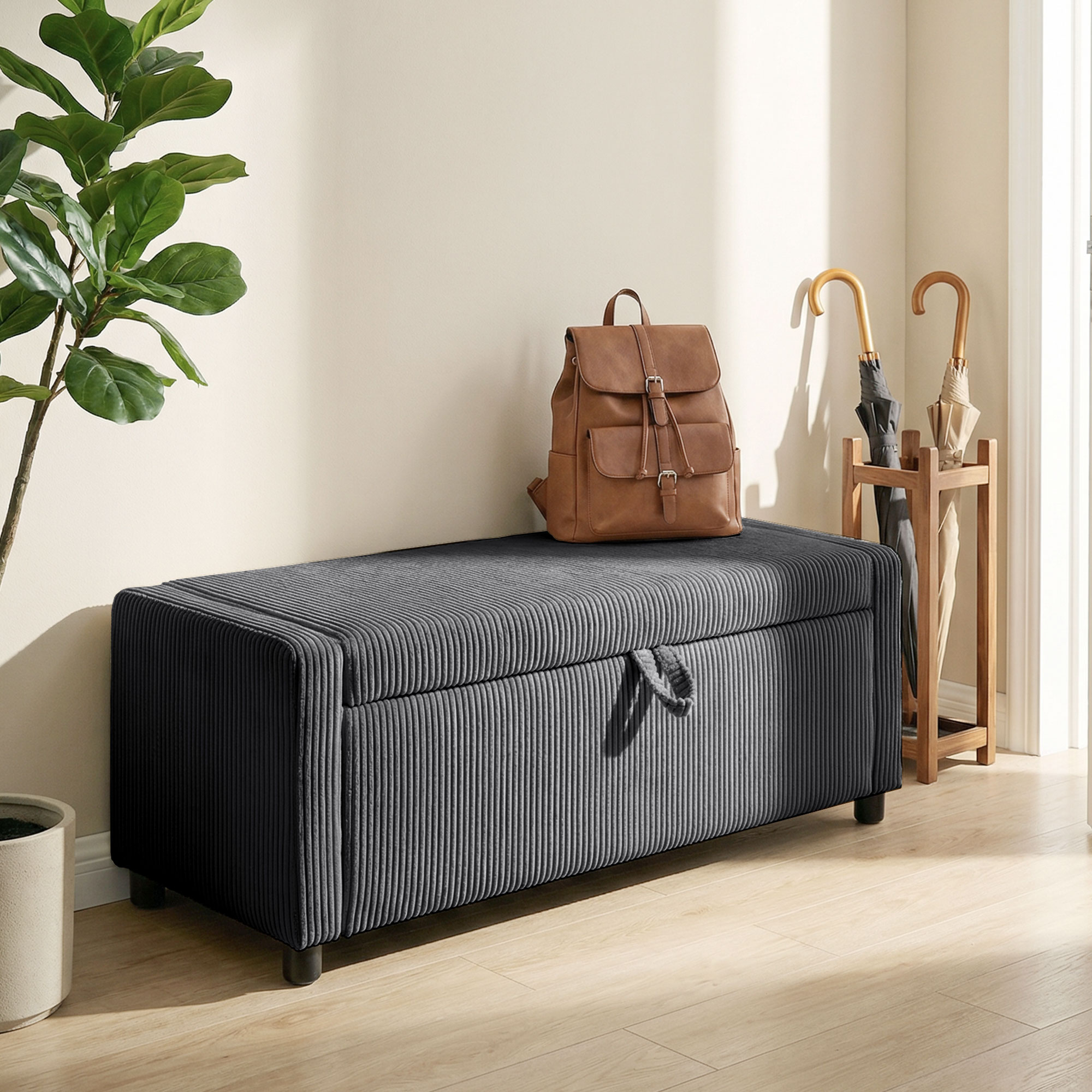 Storage Ottoman, Upholstered Corduroy End of Bed Bench with Thick Padding, Storage Bench for Bedroom, Dark Grey - Image 6