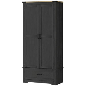 69" Tall Farmhouse Kitchen Pantry Cabinet with 2 Doors, Drawer and Adjustable Shelves, Black and Brown