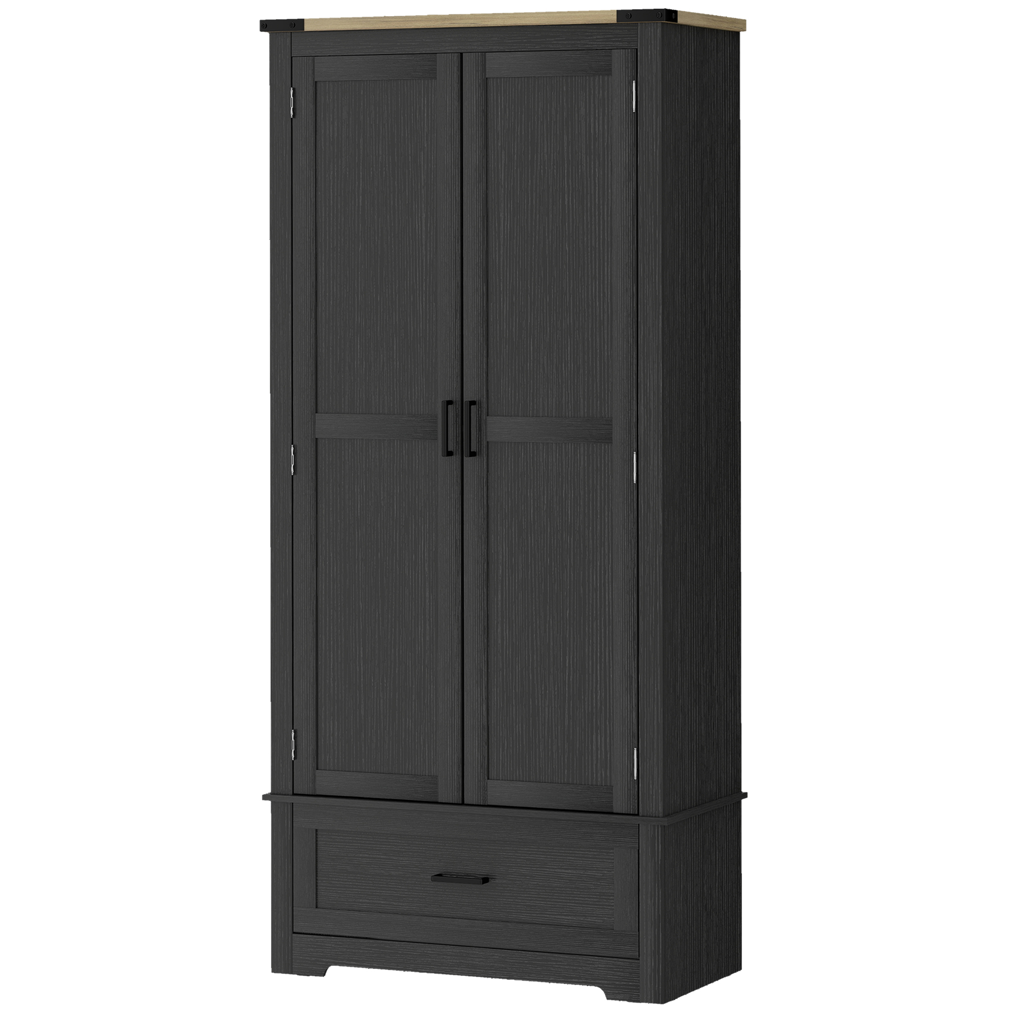 69" Tall Farmhouse Kitchen Pantry Cabinet with 2 Doors, Drawer and Adjustable Shelves, Black and Brown