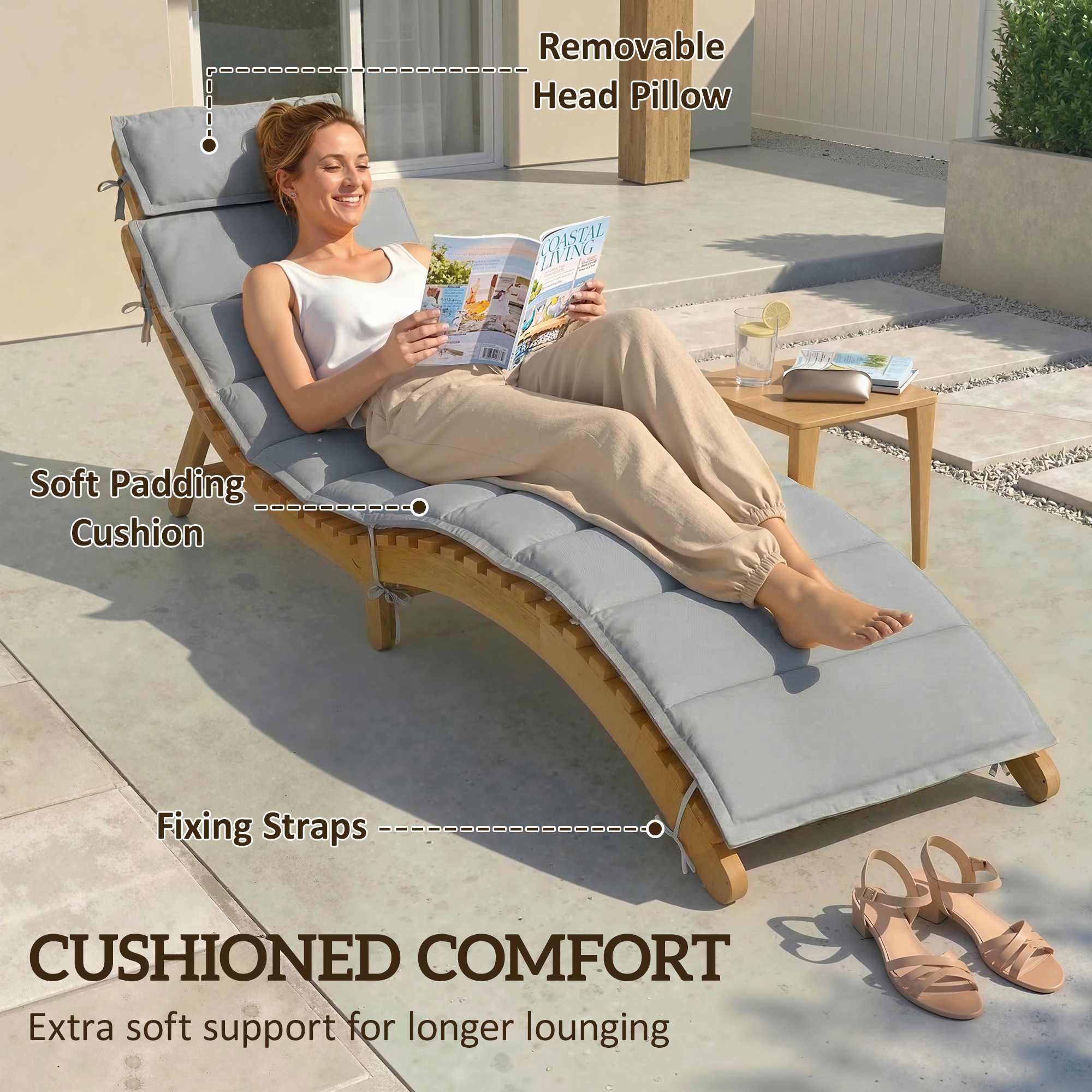 Folding Chaise Lounge Chair Outdoor, Acacia Wood Lounger Tanning Chair with Cushion, Headrest, Light Grey - Image 5