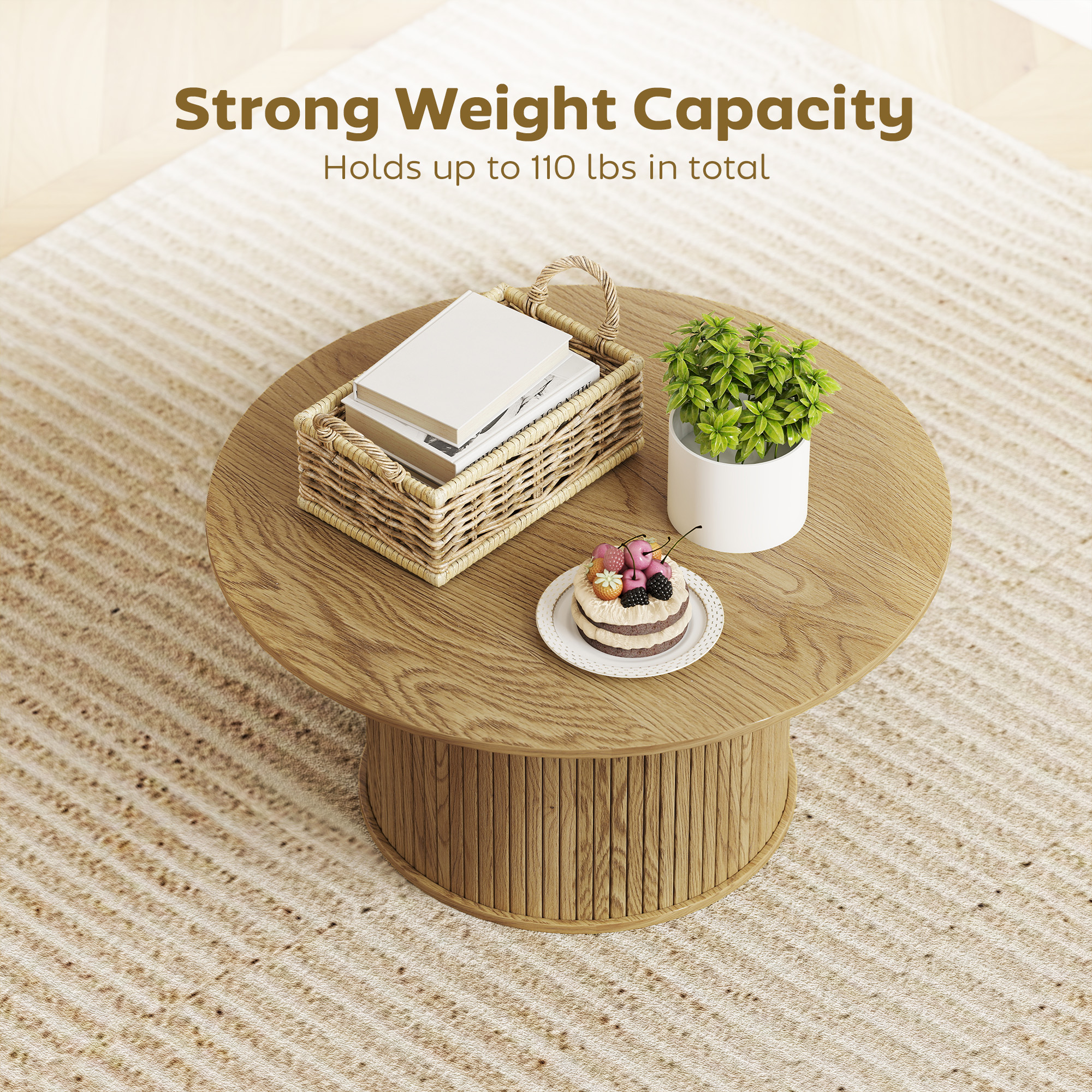 31.5" Round Coffee Table, Nordic Style Center Table with Fluted Cylindrical Base for Living Room, Oak - Image 3