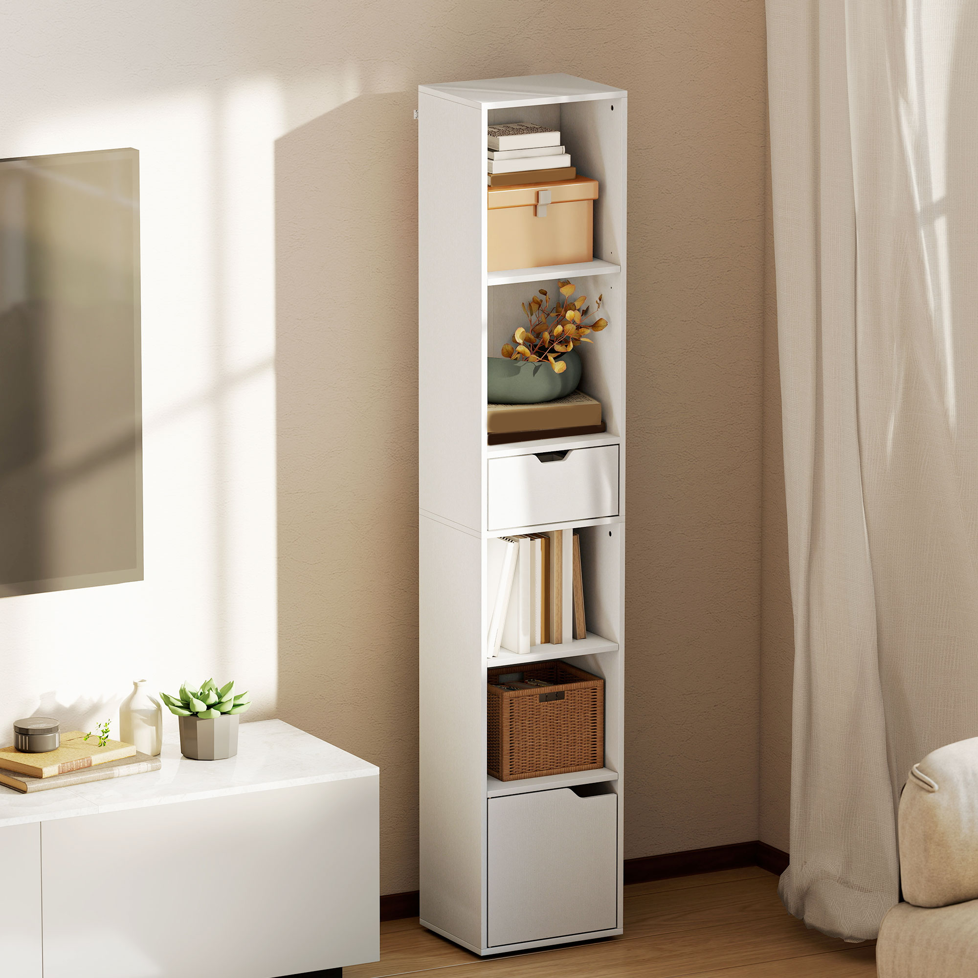 6-Tier Bookcase, Tall Narrow Bookshelf with Drawer and Door, White - Image 6