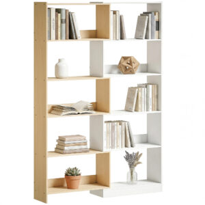Corner Bookshelf, 5-Tier L-Shaped Bookcase with 350° Rotating Design, Two-Tone Design, Fruitwood/White