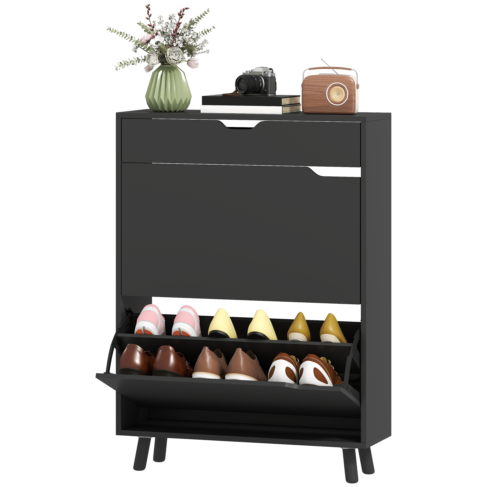 Narrow Shoe Cabinet for Entryway with 2 Flip Drawers, Top Drawer and Adjustable Shelves for 12 Pairs of Shoes, Black